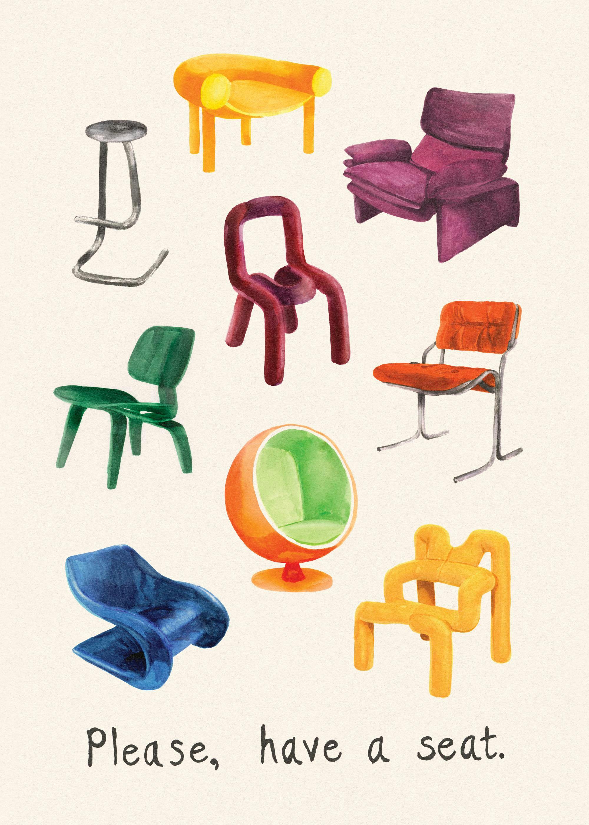 Affiche avec des chaises de designer colorées et variées, et linscription Please, have a seat. Typographie noire.