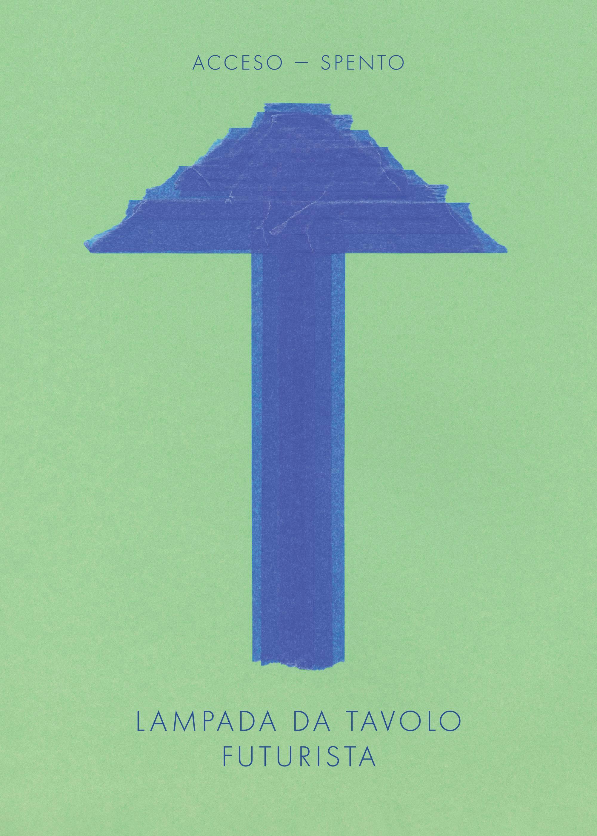 Futurist table lamp print in bold blue on a green background, abstract poster design
