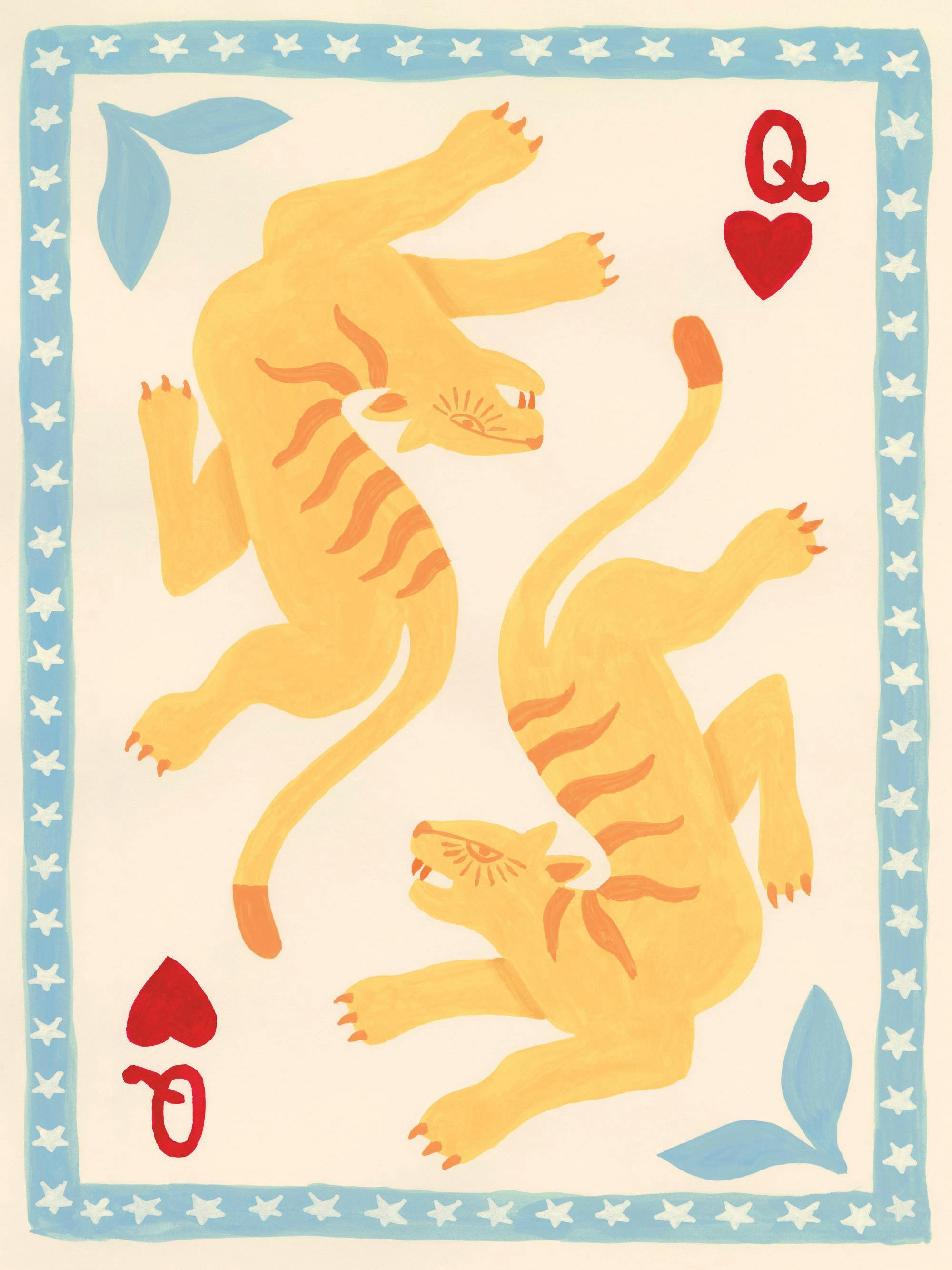 En affisch som föreställer två lekfulla tigrar, målade i en livlig orange färg, inramade av en stjärnprydd, blå kant. Korten Q o