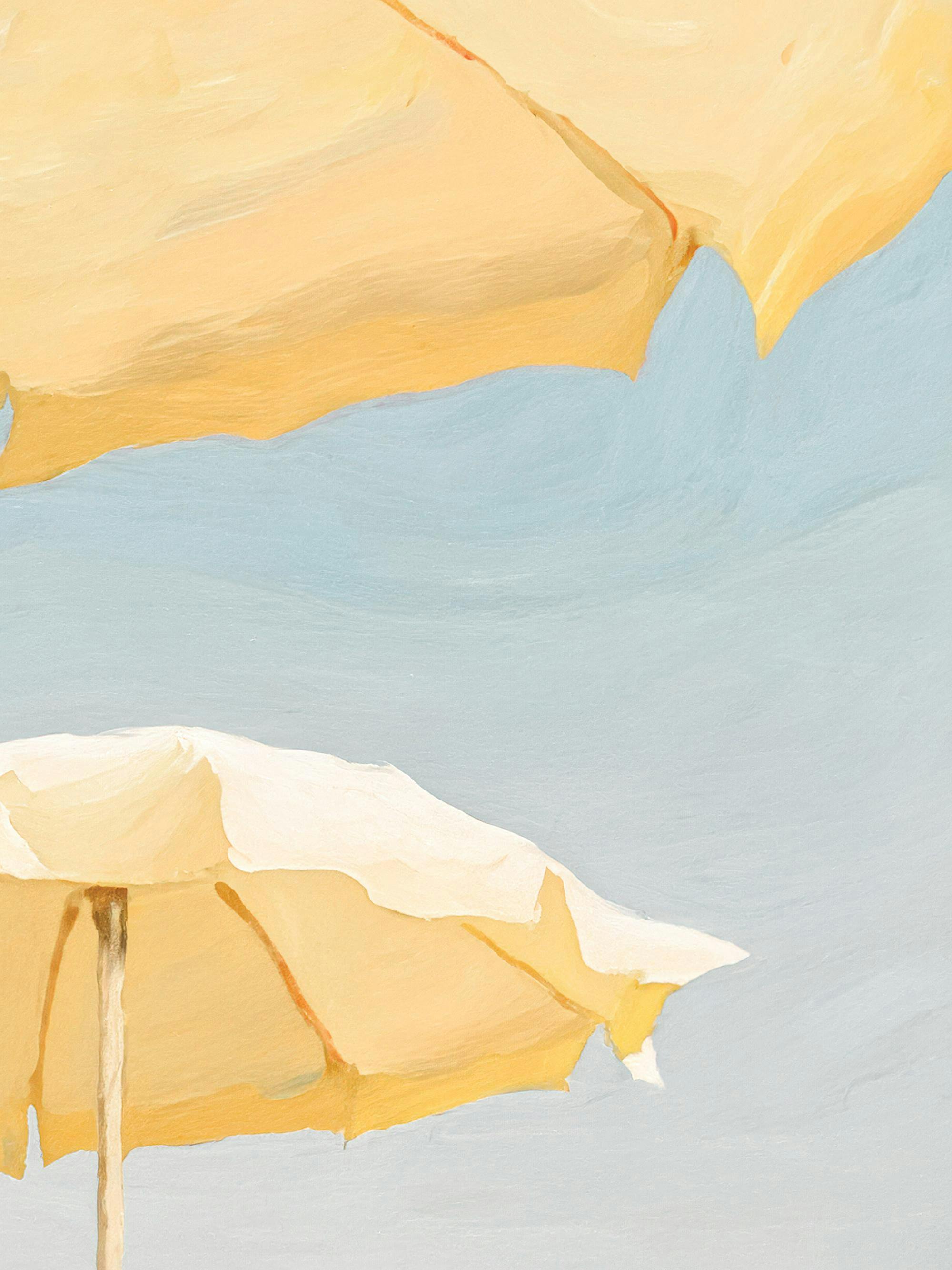 Konstnärlig poster med två gula solparasoller och texturerad himmel, handmålad i akryl som en somrig strandmålning.