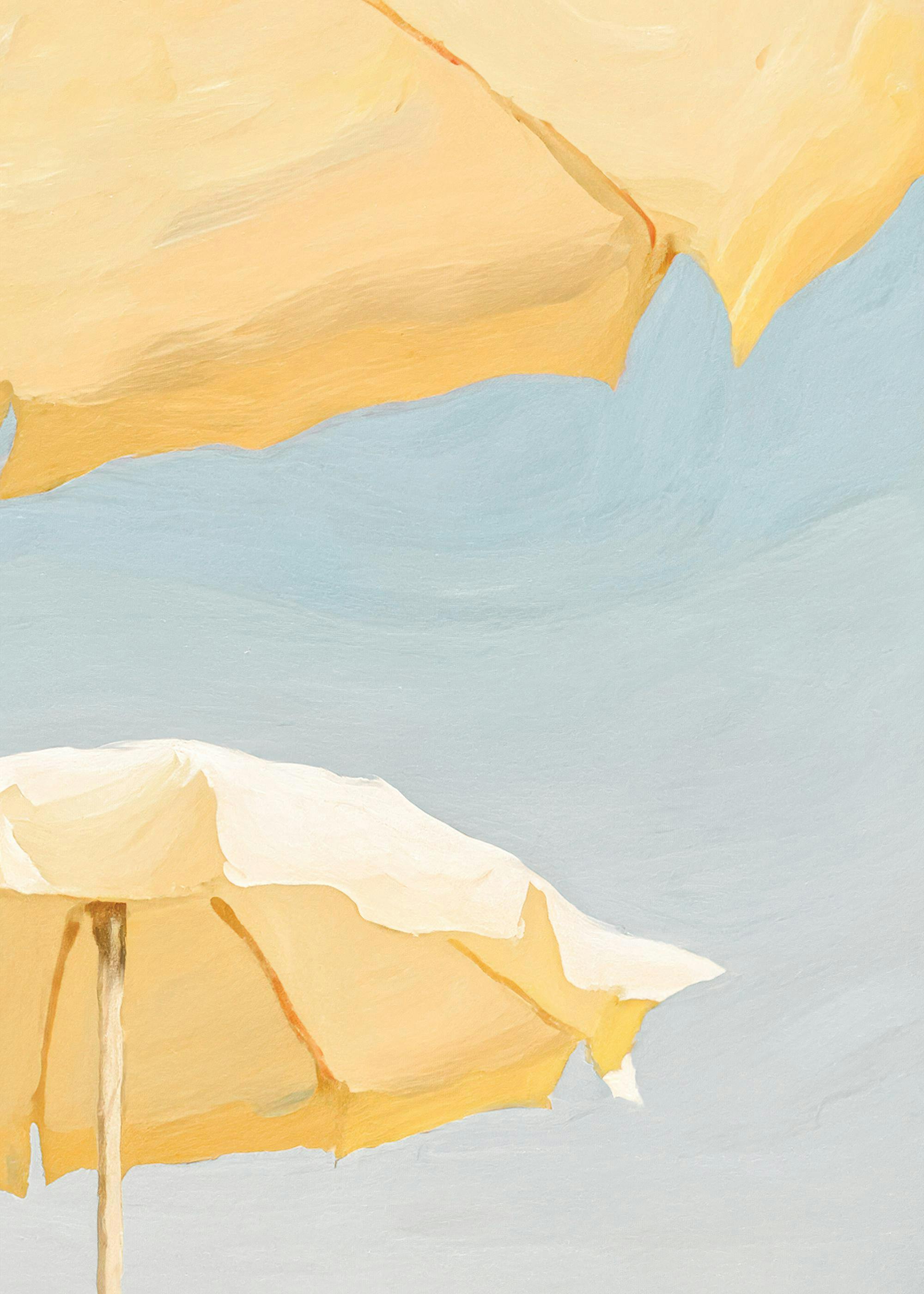 Yellow beach umbrellas against a blue sky art print, a vibrant summer poster print.