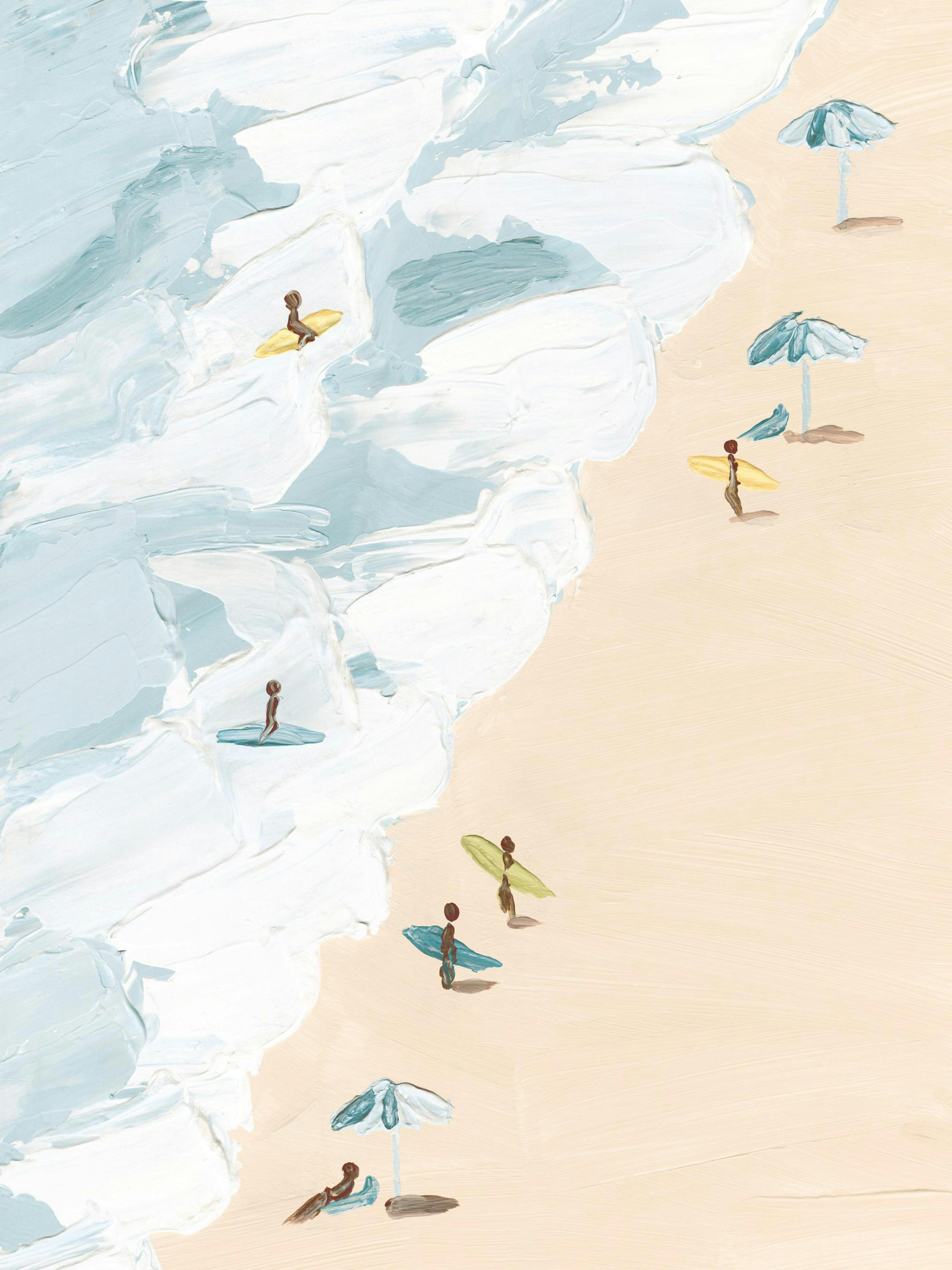 Handgemaltes Strandposter mit blauen Wellen, beigem Sand und kleinen Surfern. Texturierter, einfacher Stil für Urlaubsfeeling.