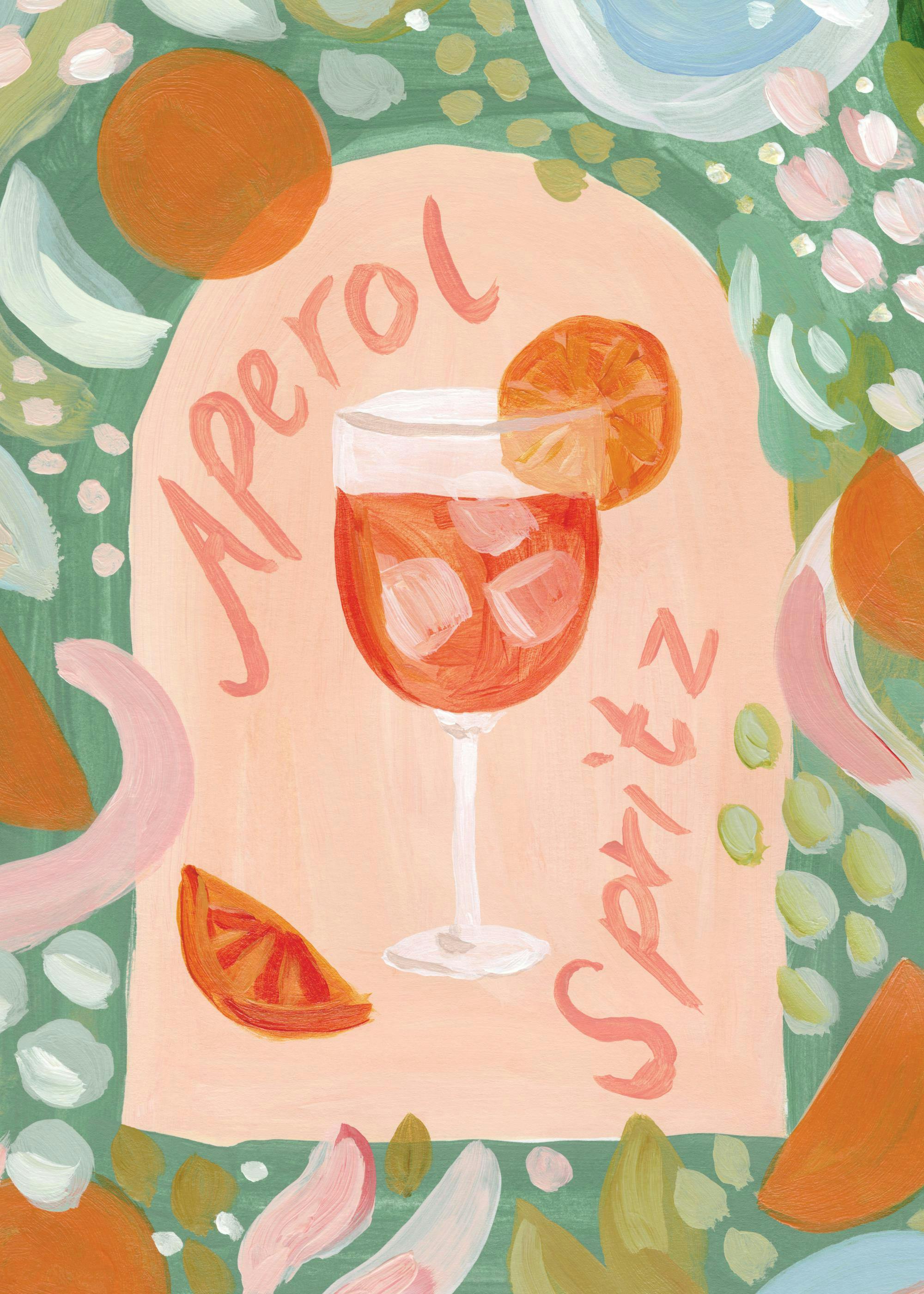 Affiche dun Aperol Spritz rouge-orange garni dune tranche dorange, entouré de formes et couleurs variées. Typographie Aperol Spr
