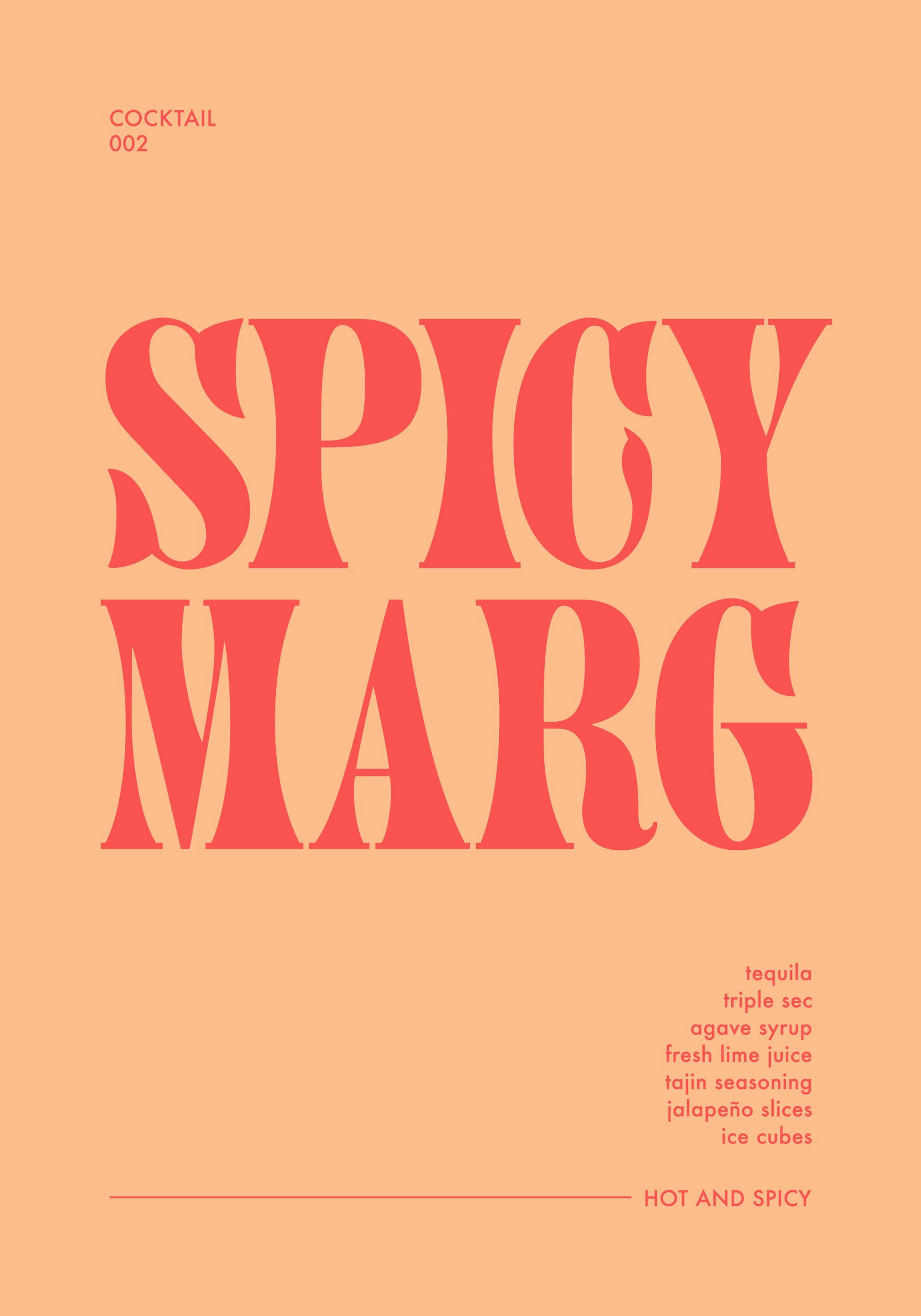 Spicy Margarita Rezept Poster in Pastellorange und Rot, modernes Küchendekor.