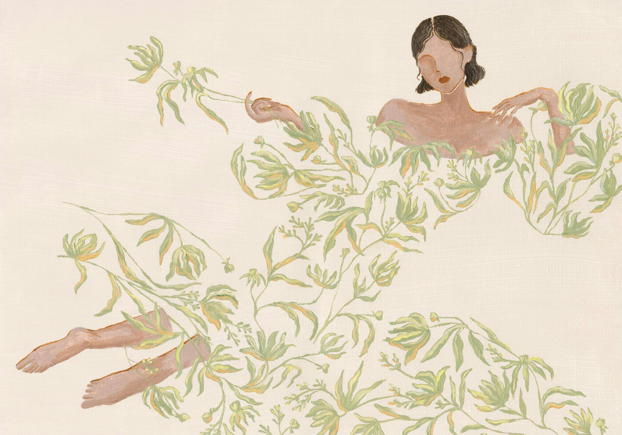 Illustration einer Frau in einem grünen Blumenkleid auf beigem Hintergrund, handgemaltes Poster