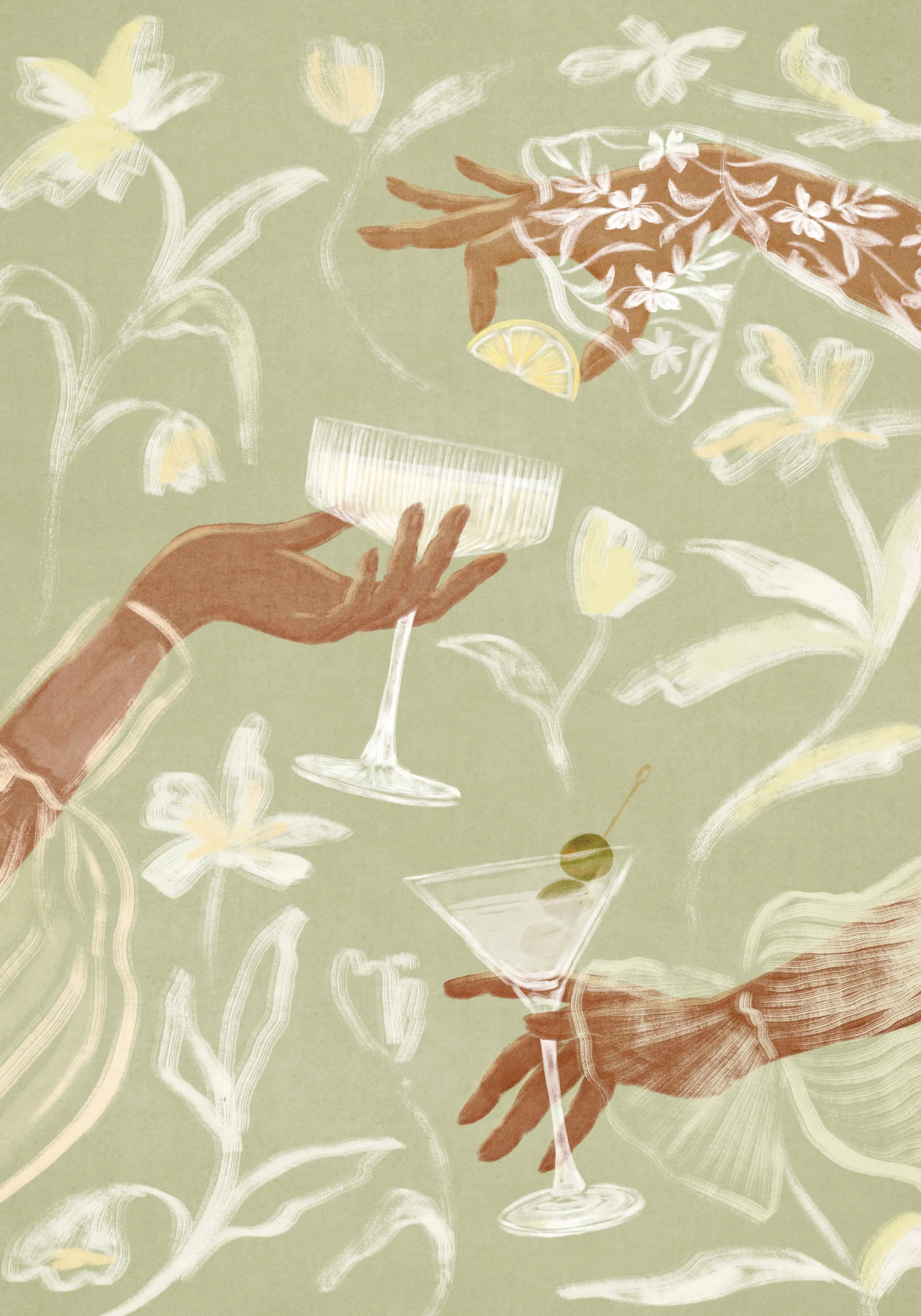 Chic illustration of hands holding cocktail glasses and a lemon slice, surrounded by lilies and leaves on a green background.