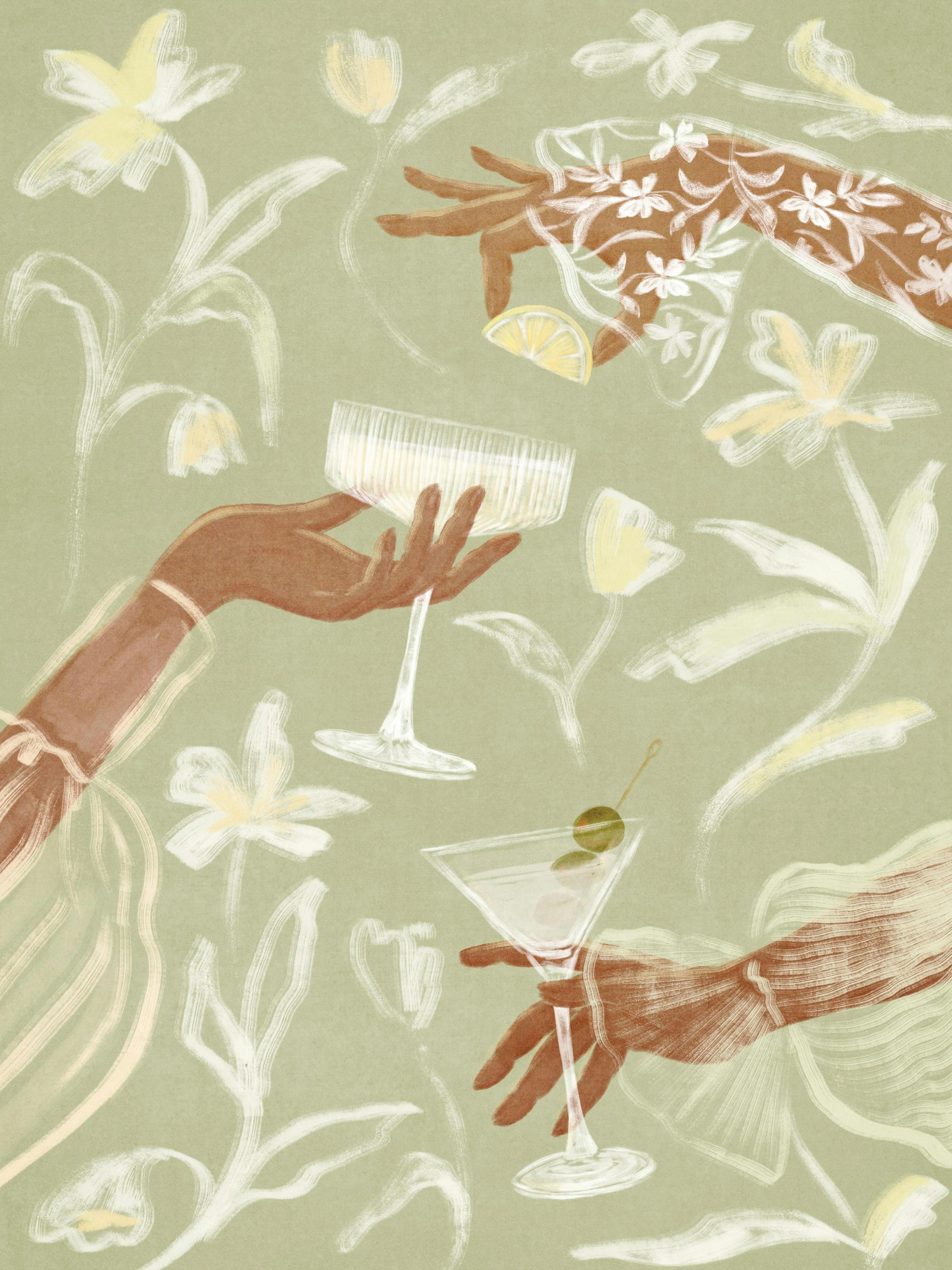 Affiche avec illustration de mains tenant des verres à cocktail, entourées de lys et de feuilles sur fond vert.