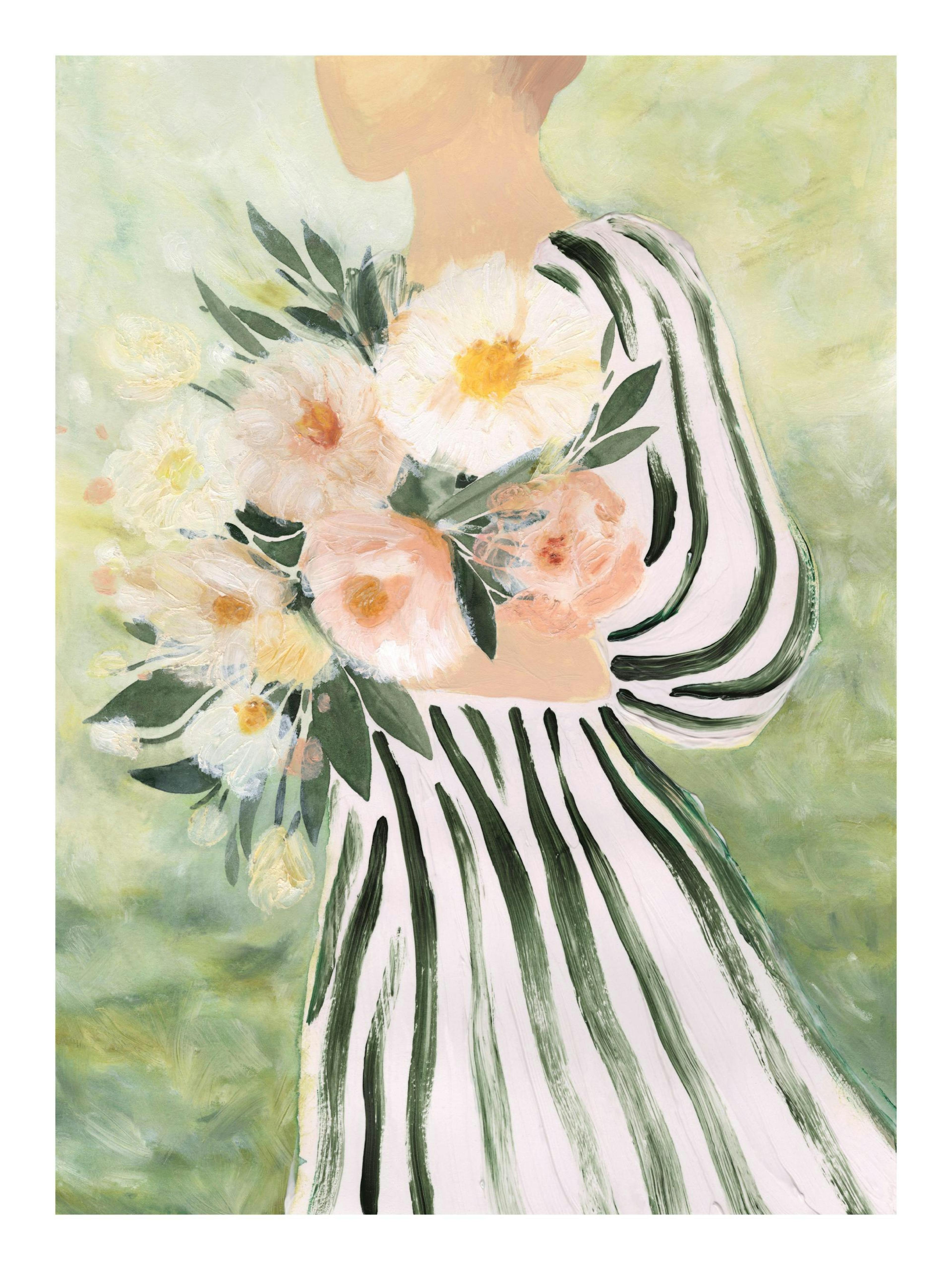Botanisches Poster: Frau im gestreiften Kleid mit weiß-rosa Blumenstrauß, grünen Blättern. Kunstwerk mit floralem Motiv.