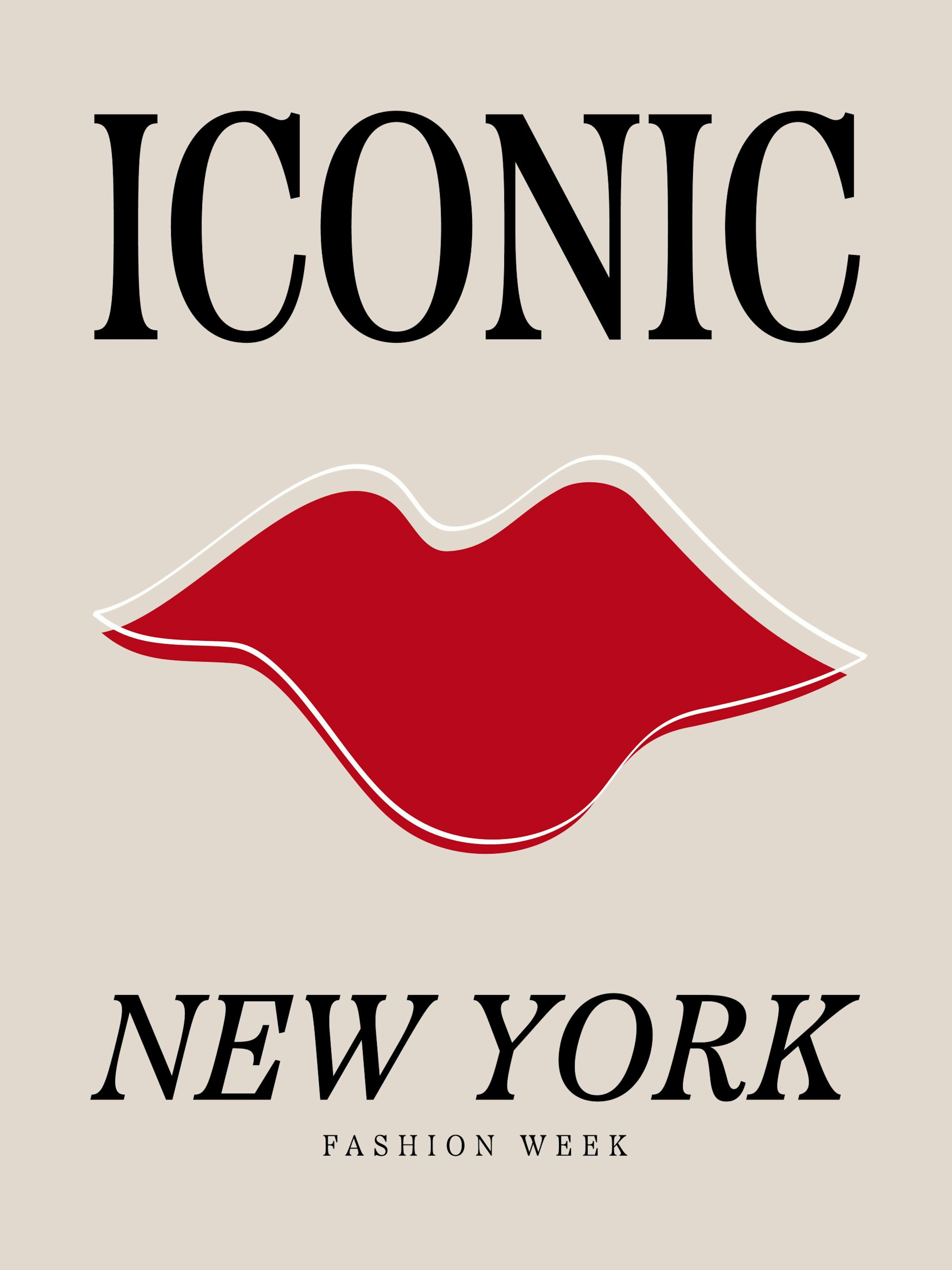 Plakat med røde lepper, teksten Iconic New York og Fashion Week i svart på beige bakgrunn.