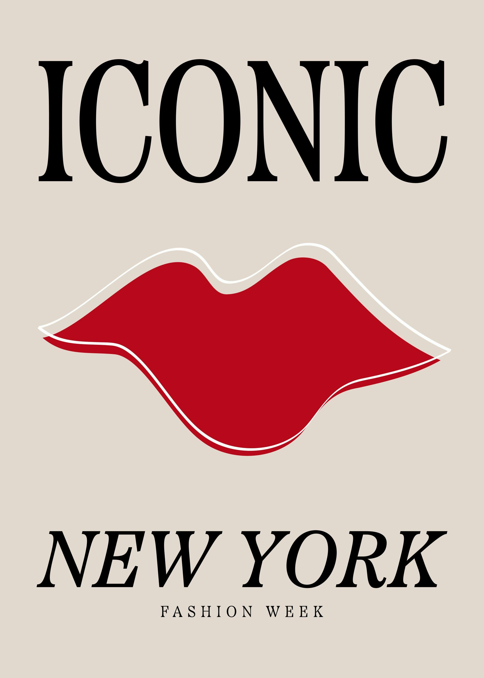 Poster Iconic New York Fashion Week com lábios vermelhos, exibido num quarto com uma lâmpada preta e um vaso.