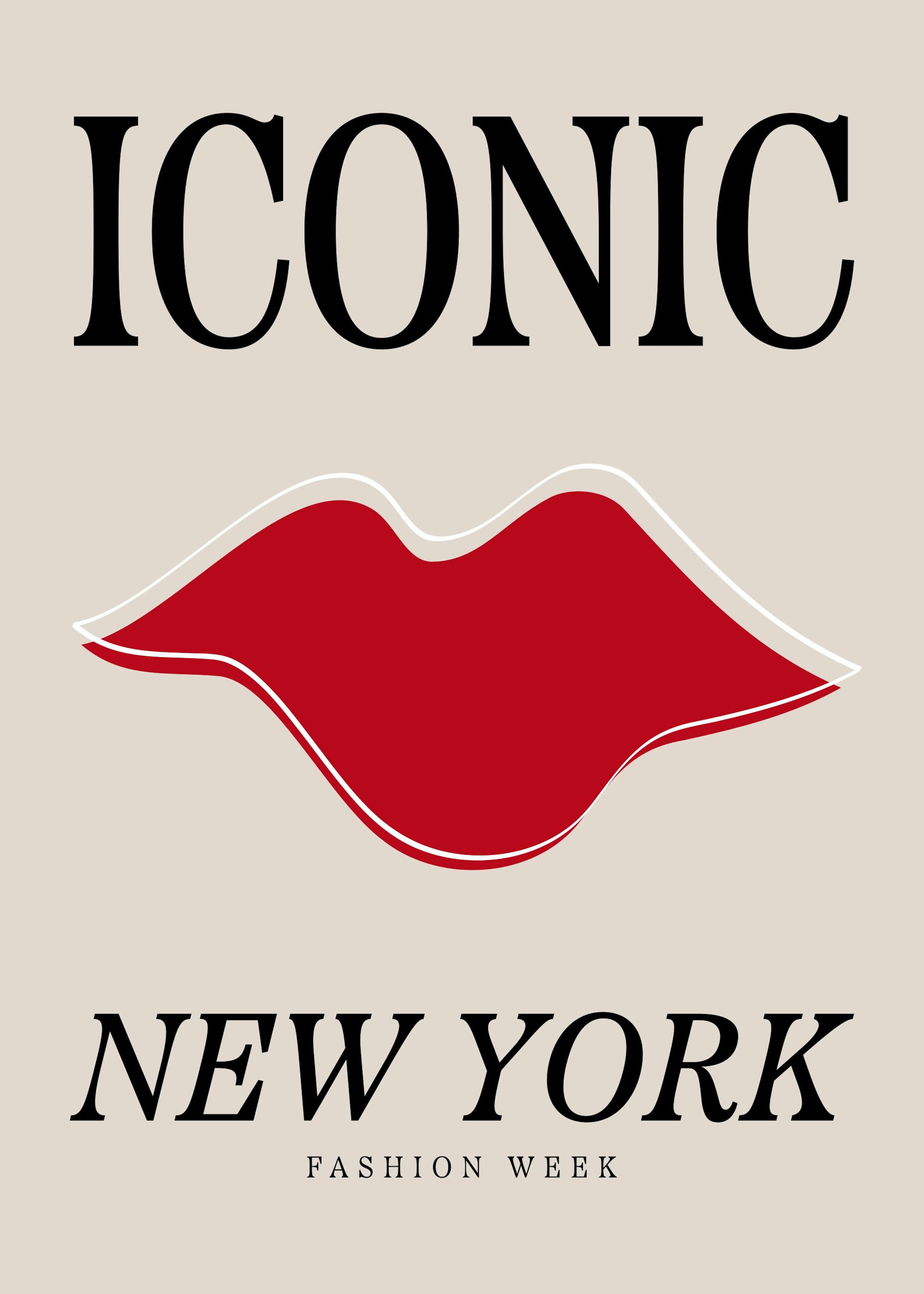 Poster com lábios vermelhos e texto Iconic New York em preto sobre fundo bege. Arte de parede moderna e elegante.