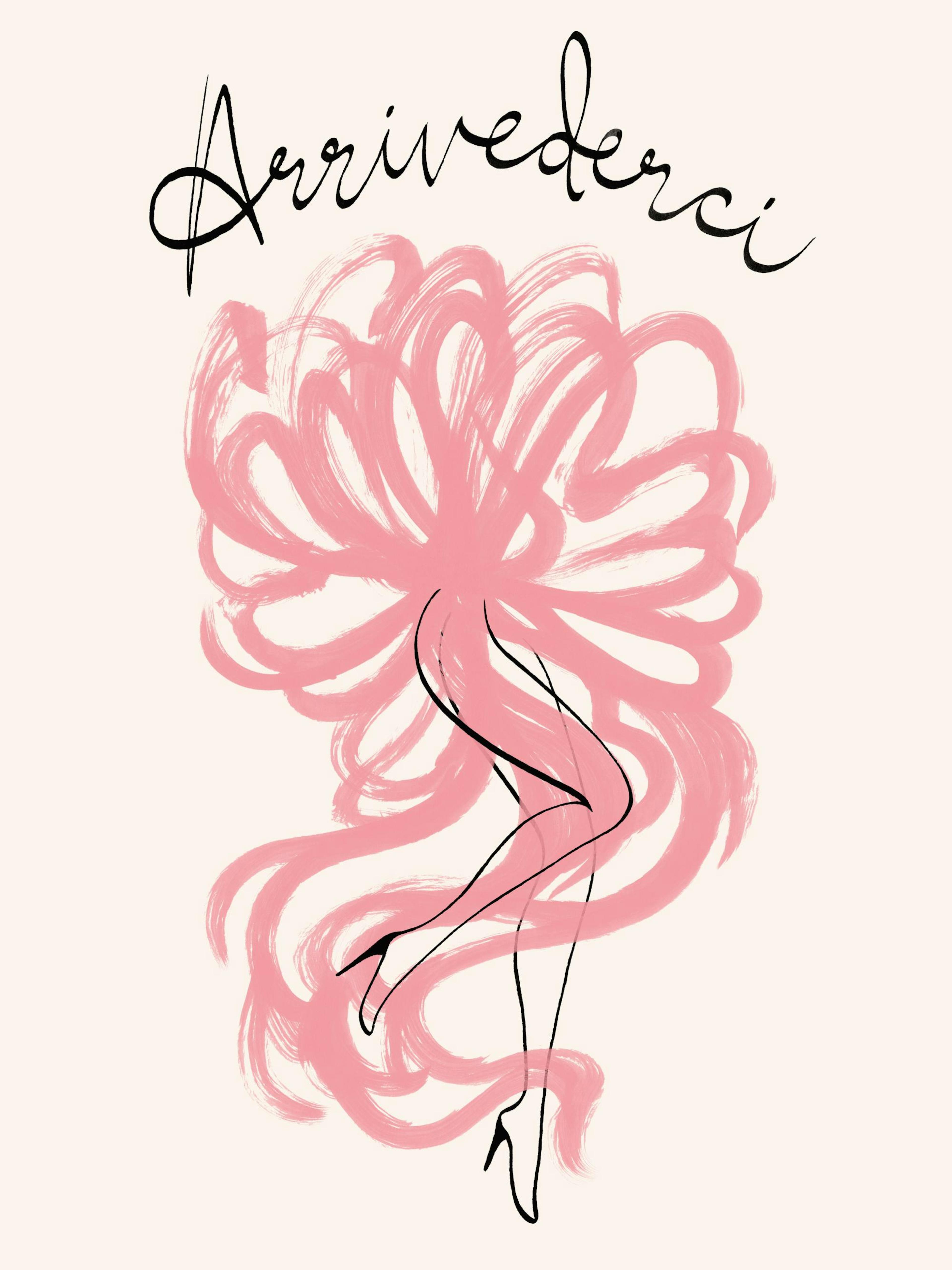 Poster med Arrivederci i svart text, rosa blomsiluett och kvinnobensskiss i höga klackar. Modekonst.