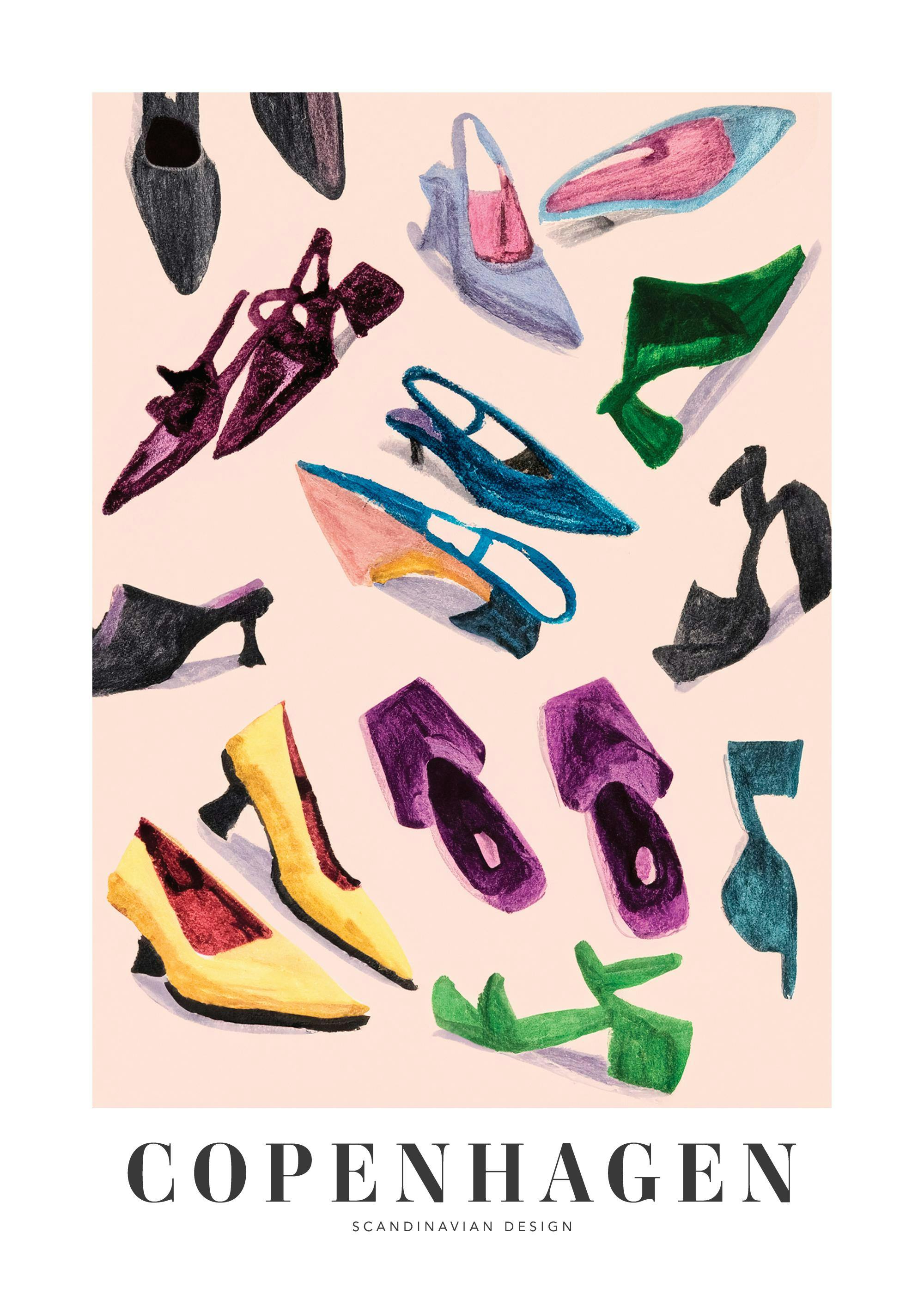 Póster divertido con ilustraciones coloridas de zapatos de tacón, sandalias y mules sobre un fondo rosa, estilo diseño escandina
