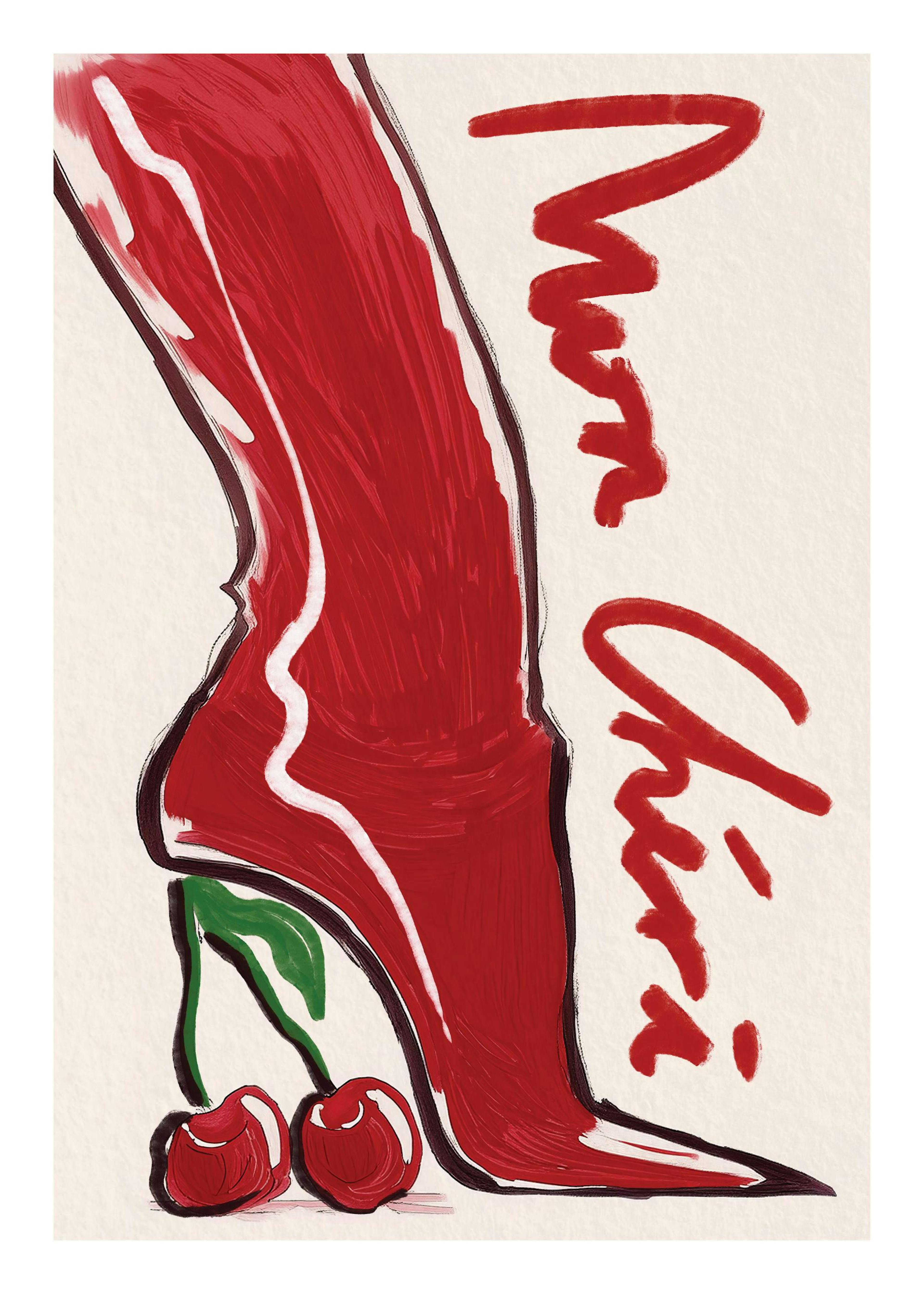 Poster mit rotem High Heel, dessen Absatz aus Kirschen besteht, und dem Schriftzug Mon Chéri.