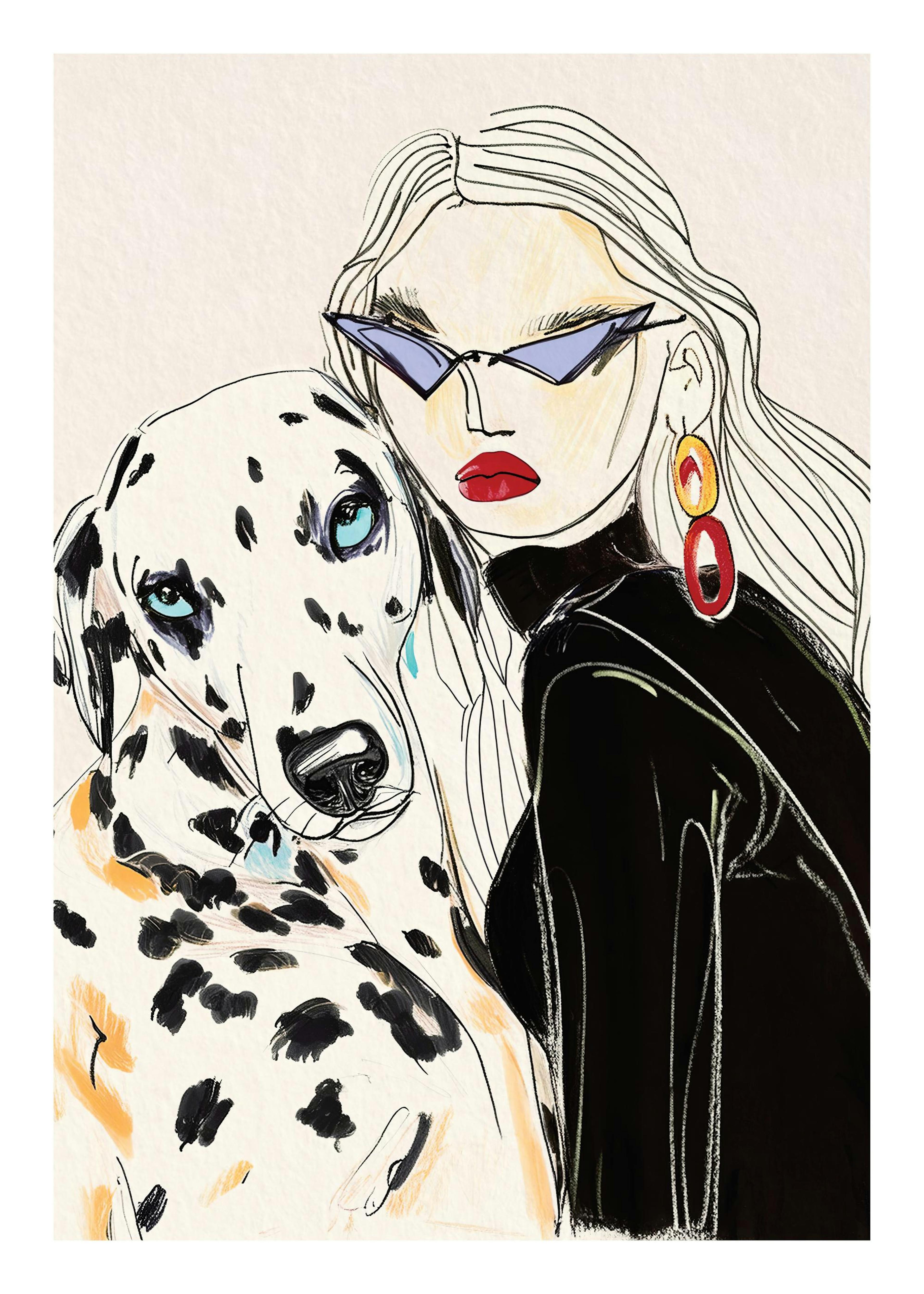 Ilustración de moda de mujer con gafas de sol y perro dálmata sobre fondo beige. Colores negro, rojo y azul.