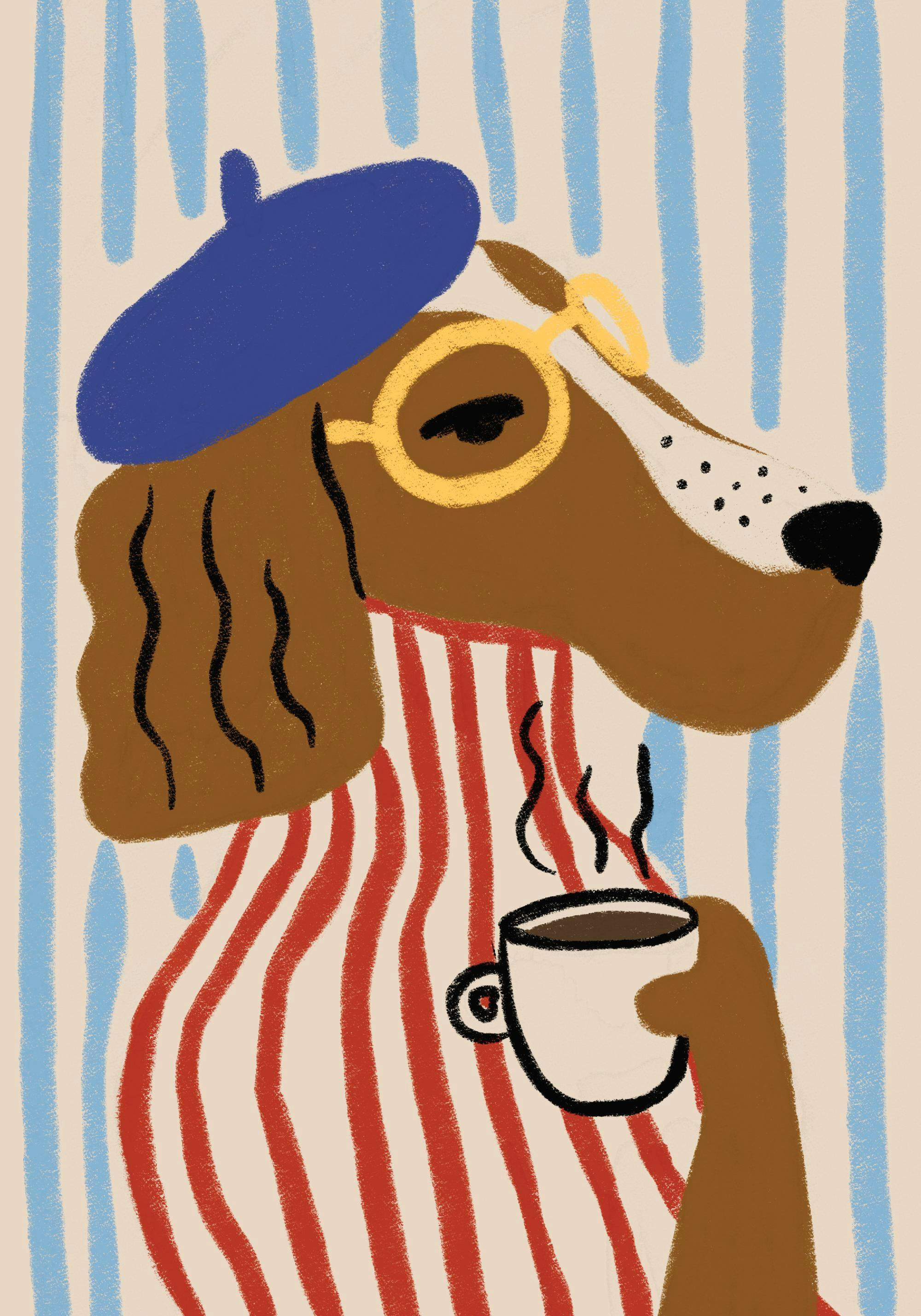 Tecknad hund i basker och glasögon med randig tröja som dricker kaffe. Handritad illustration i beige, blått, rött och gult.