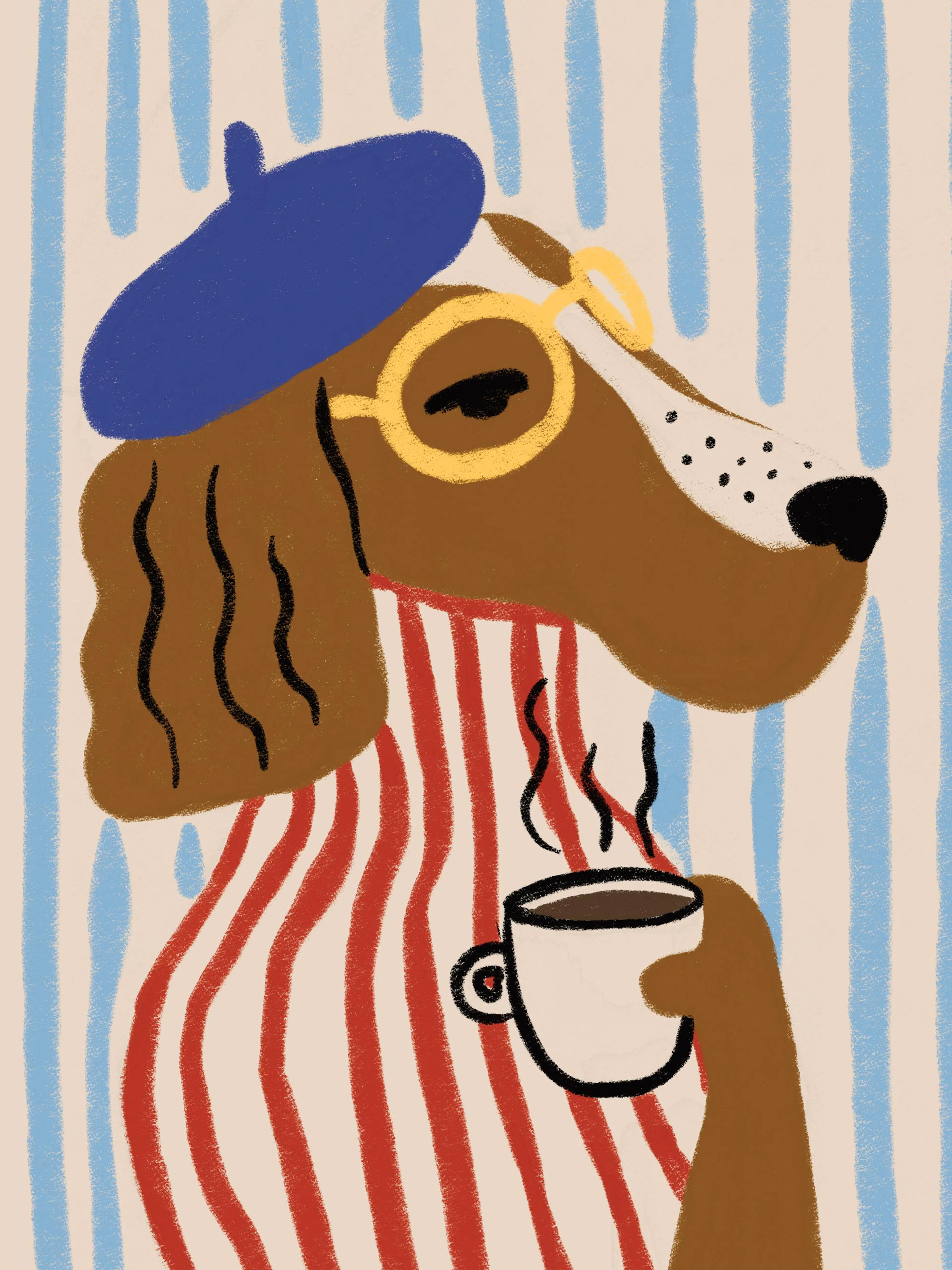 Illustrazione di cane con berretto blu, occhiali e maglietta a righe rosse, che beve caffè. Stile disegnato a mano.