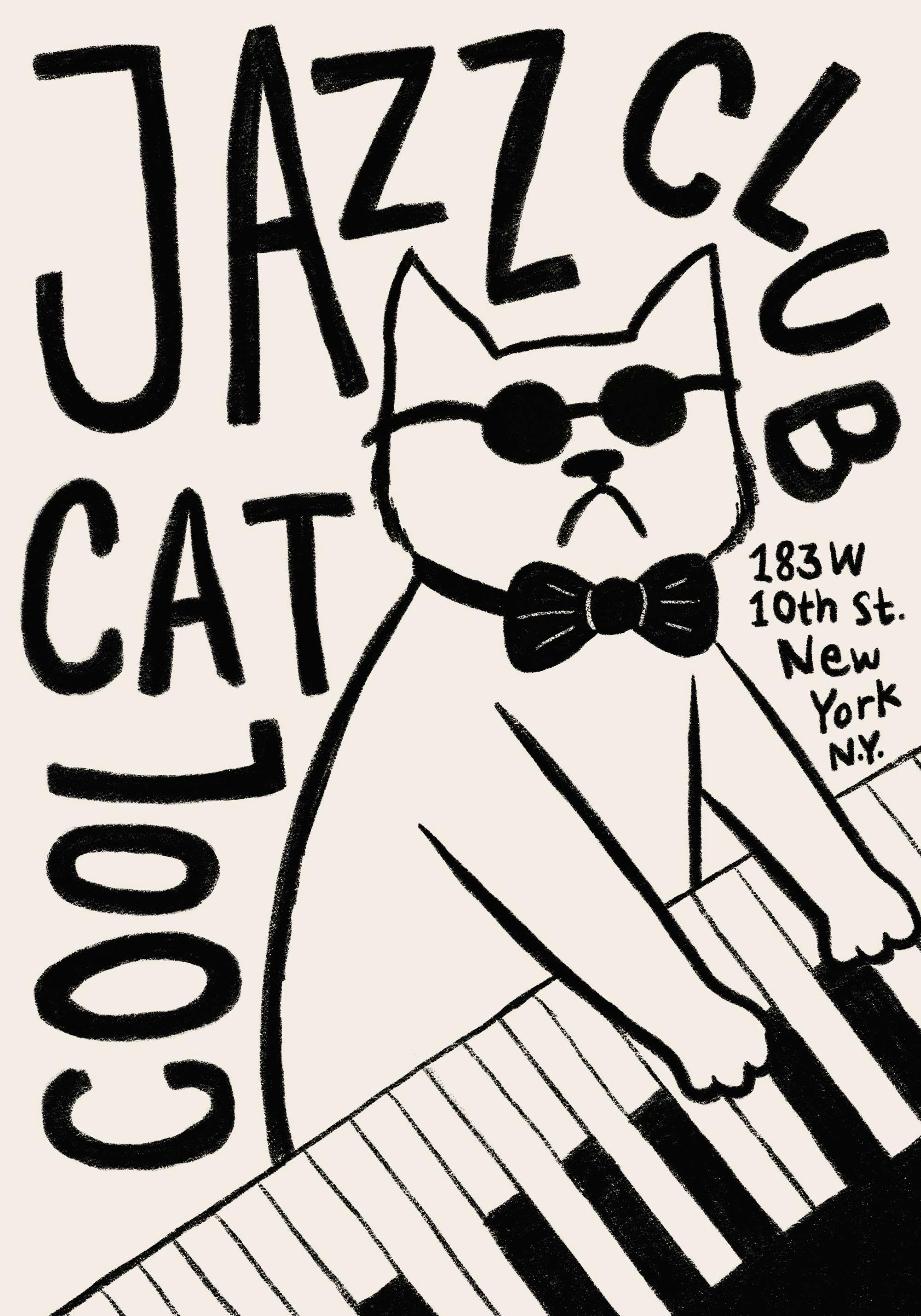 Svartvit teckning av en cool katt med solglasögon och fluga som spelar piano på en jazzklubb, med texten Cool Cat Jazz Club.
