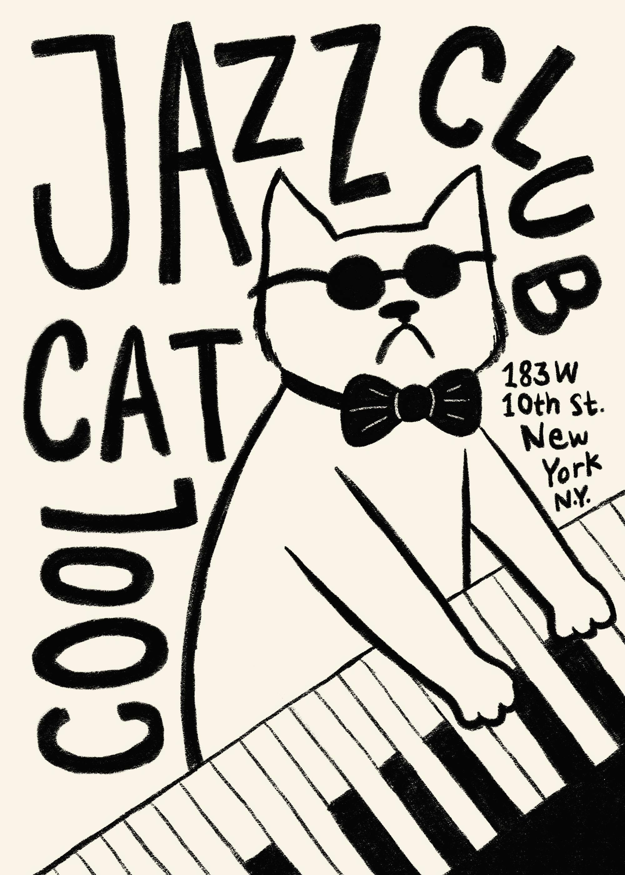 Plakat med tegnet kat i solbriller og butterfly, der spiller klaver, med teksten Cool Cat Jazz Club.