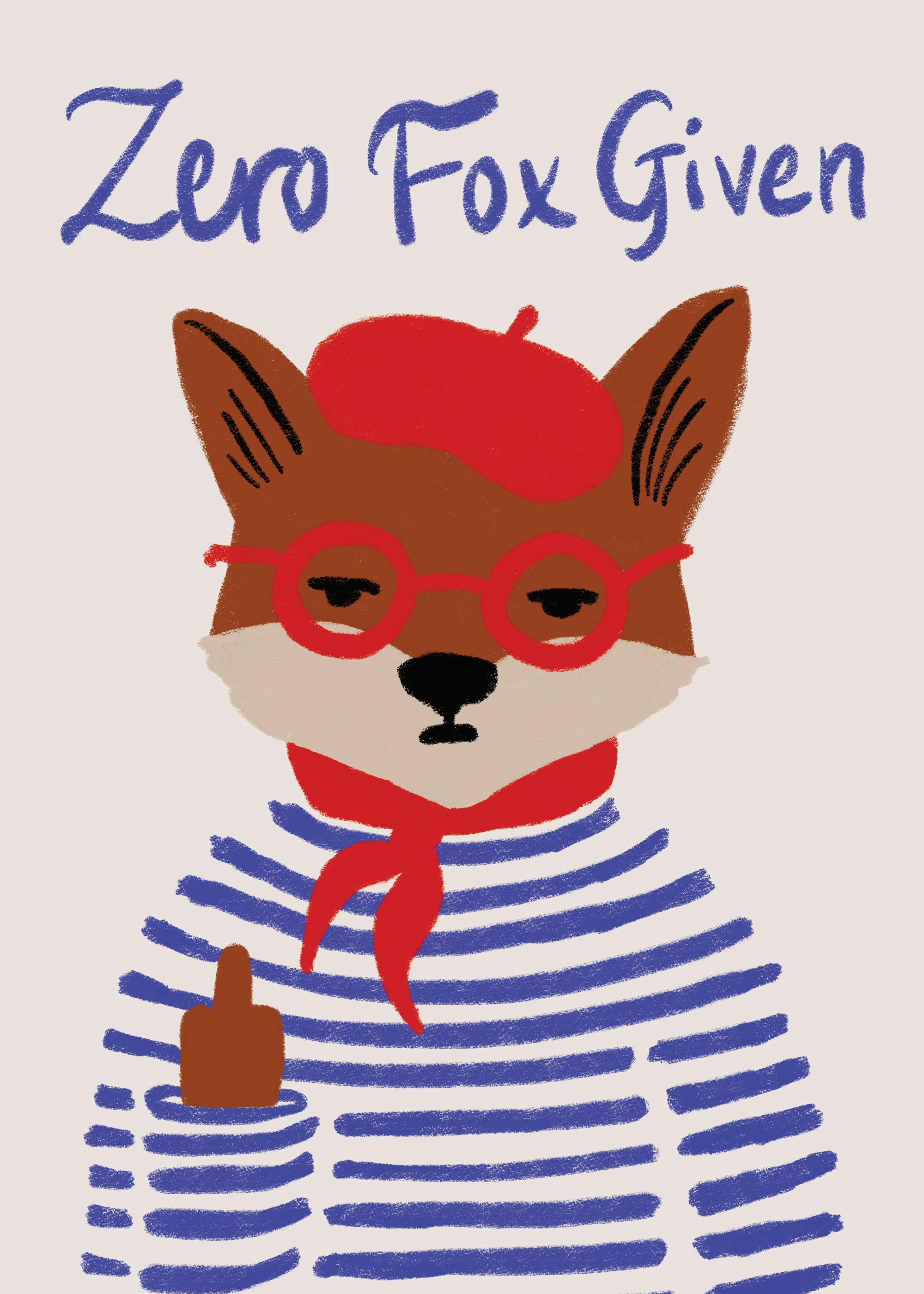 Affiche humoristique dun renard avec béret, lunettes rouges, écharpe et texte Zero Fox Given.