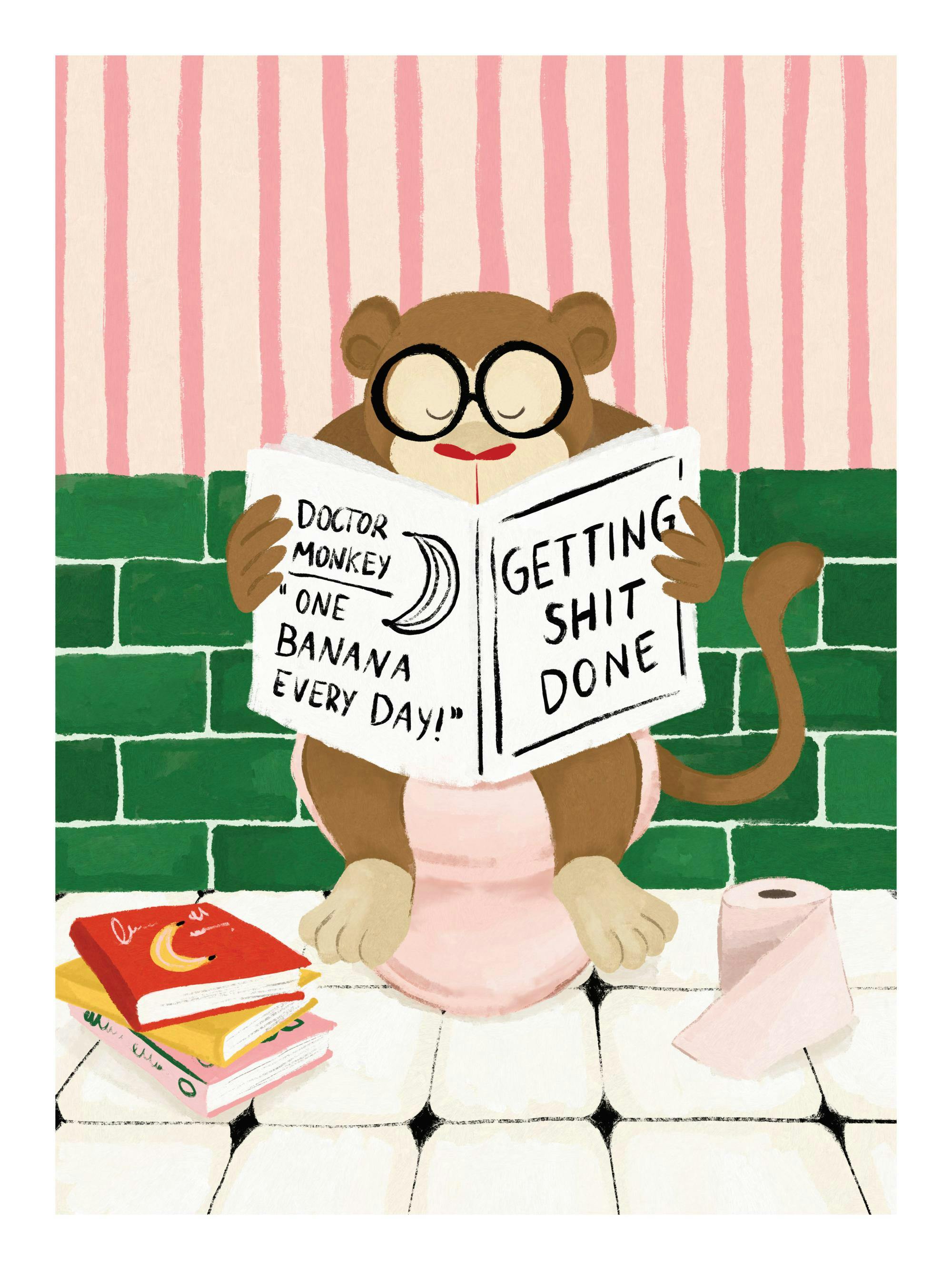 Rolig poster föreställande en apa med glasögon som läser boken GETTING SHIT DONE på toaletten. Humoristisk inredningsdetalj.
