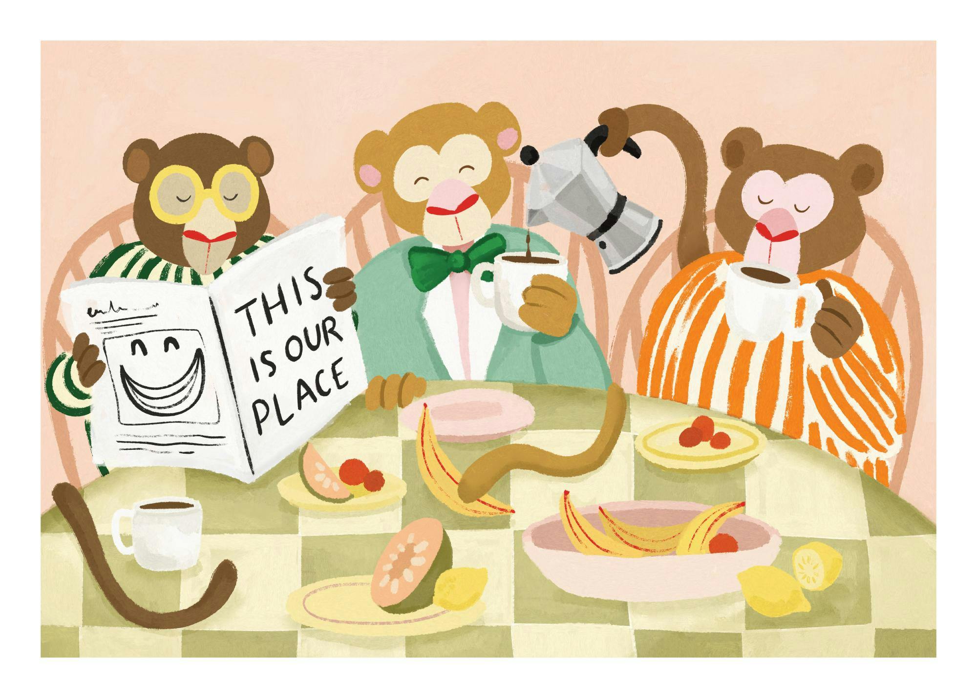 Illustrated print of three monkeys at a breakfast table with coffee, fruit, and a newspaper.