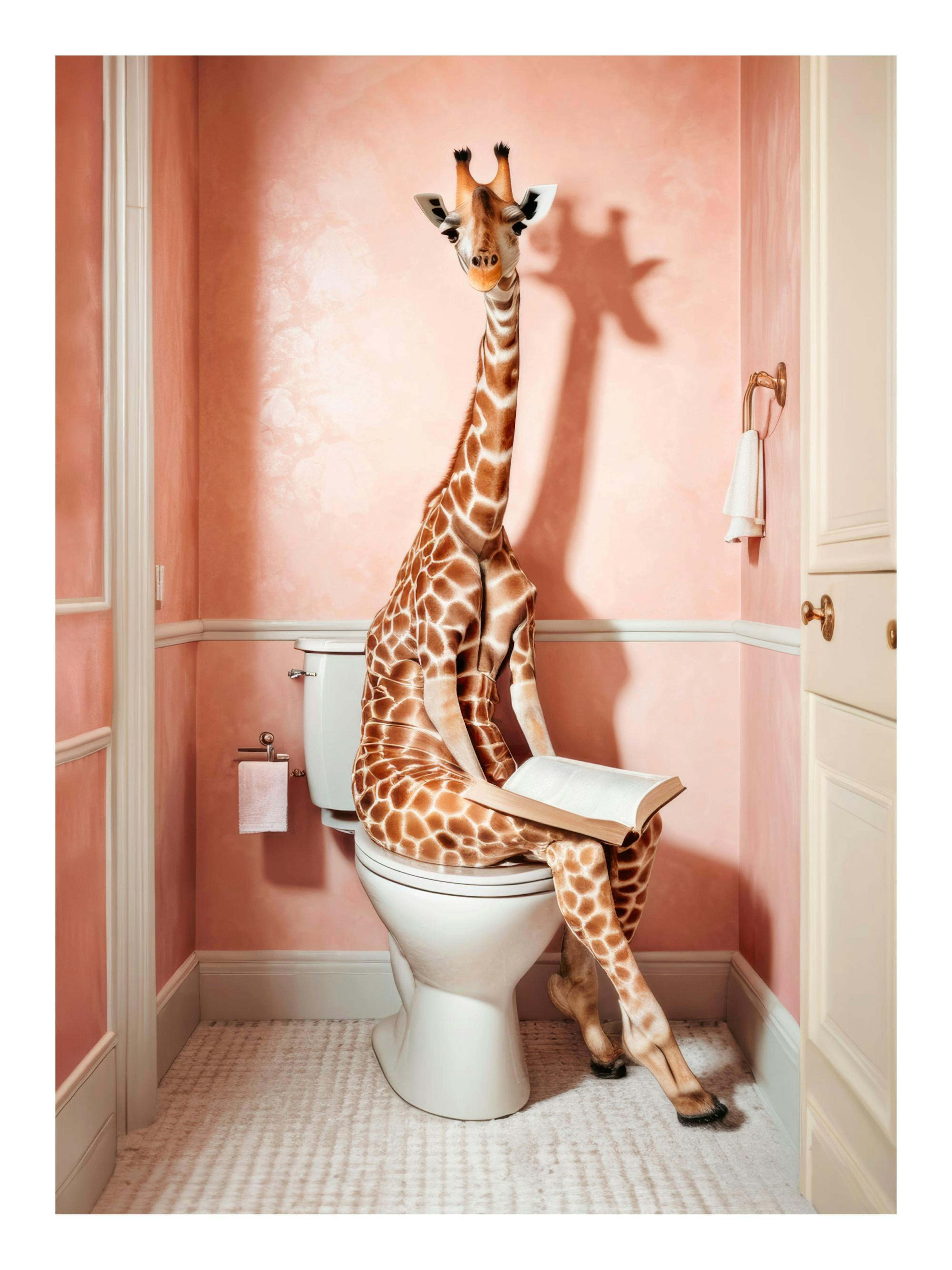 Hauska juliste, jossa kirahvi lukee kirjaa istuessaan wc-istuimella vaaleanpunaisessa kylpyhuoneessa. Omaperäinen sisustusjulist