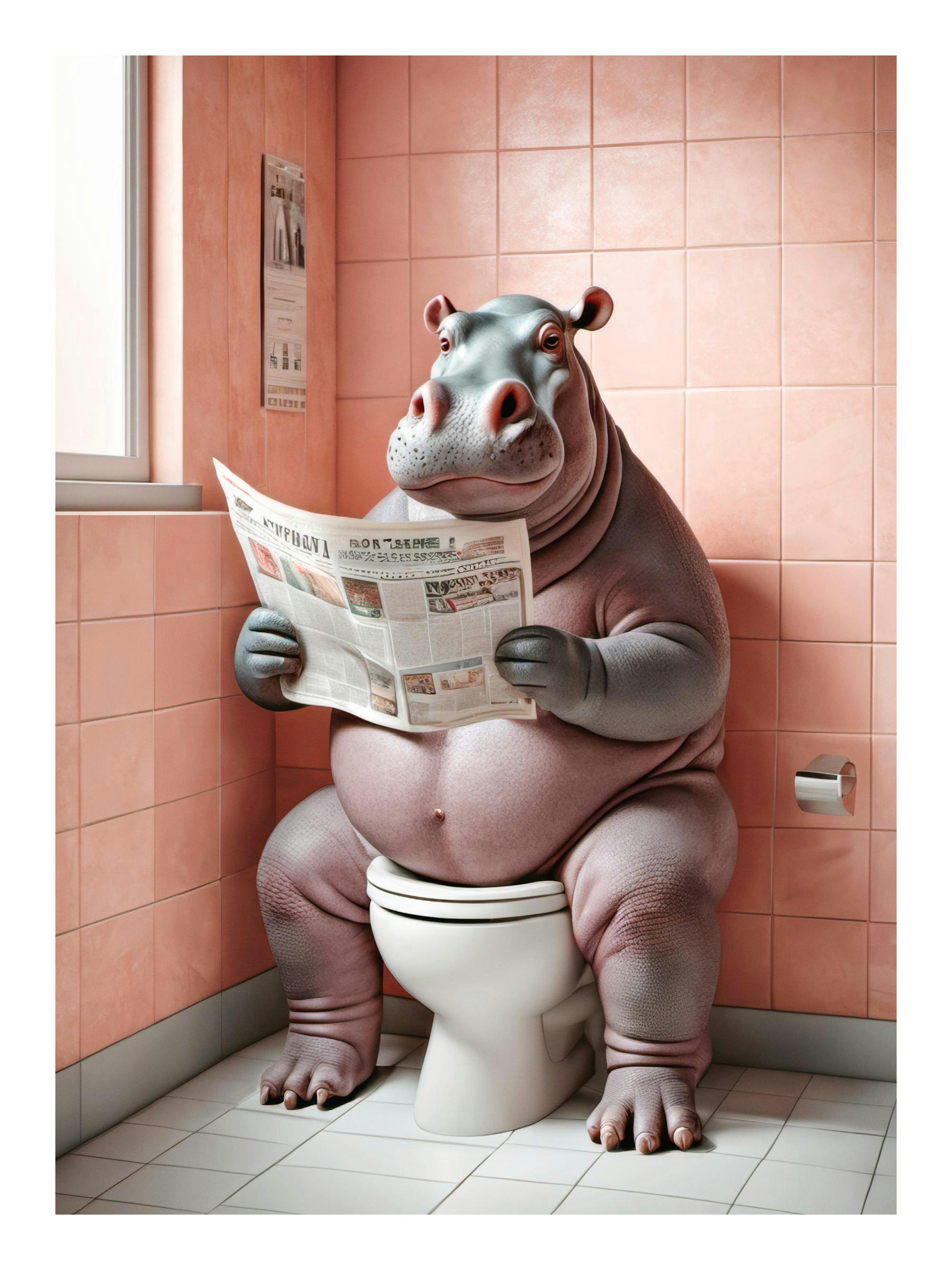 Quirky hippopotamus poster, a hippo reading a newspaper on a toilet in a pink tiled bathroom, unique animal art.