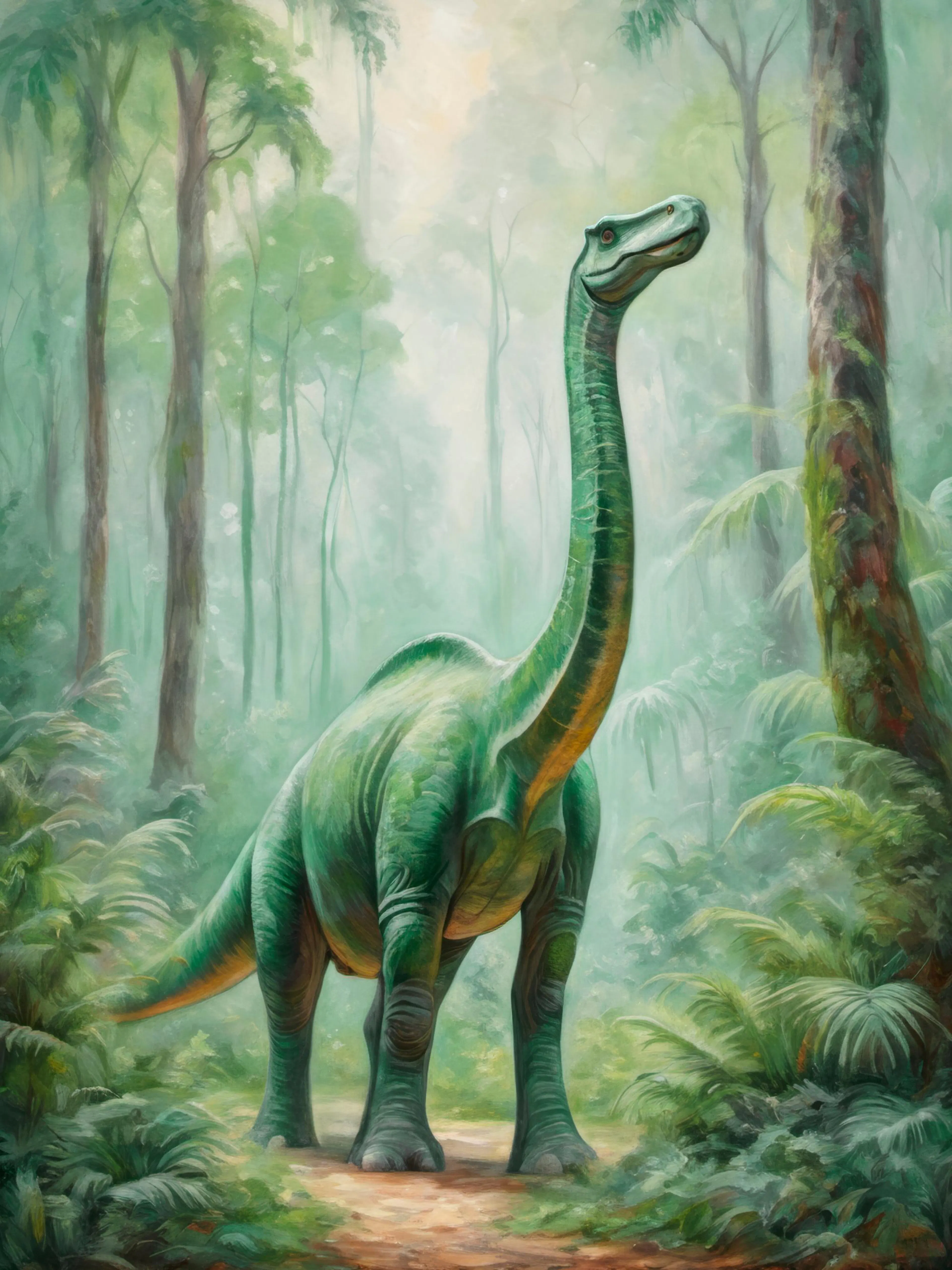 Green brontosaurus dinosaur in a lush forest art print, ideal as a poster for kids rooms