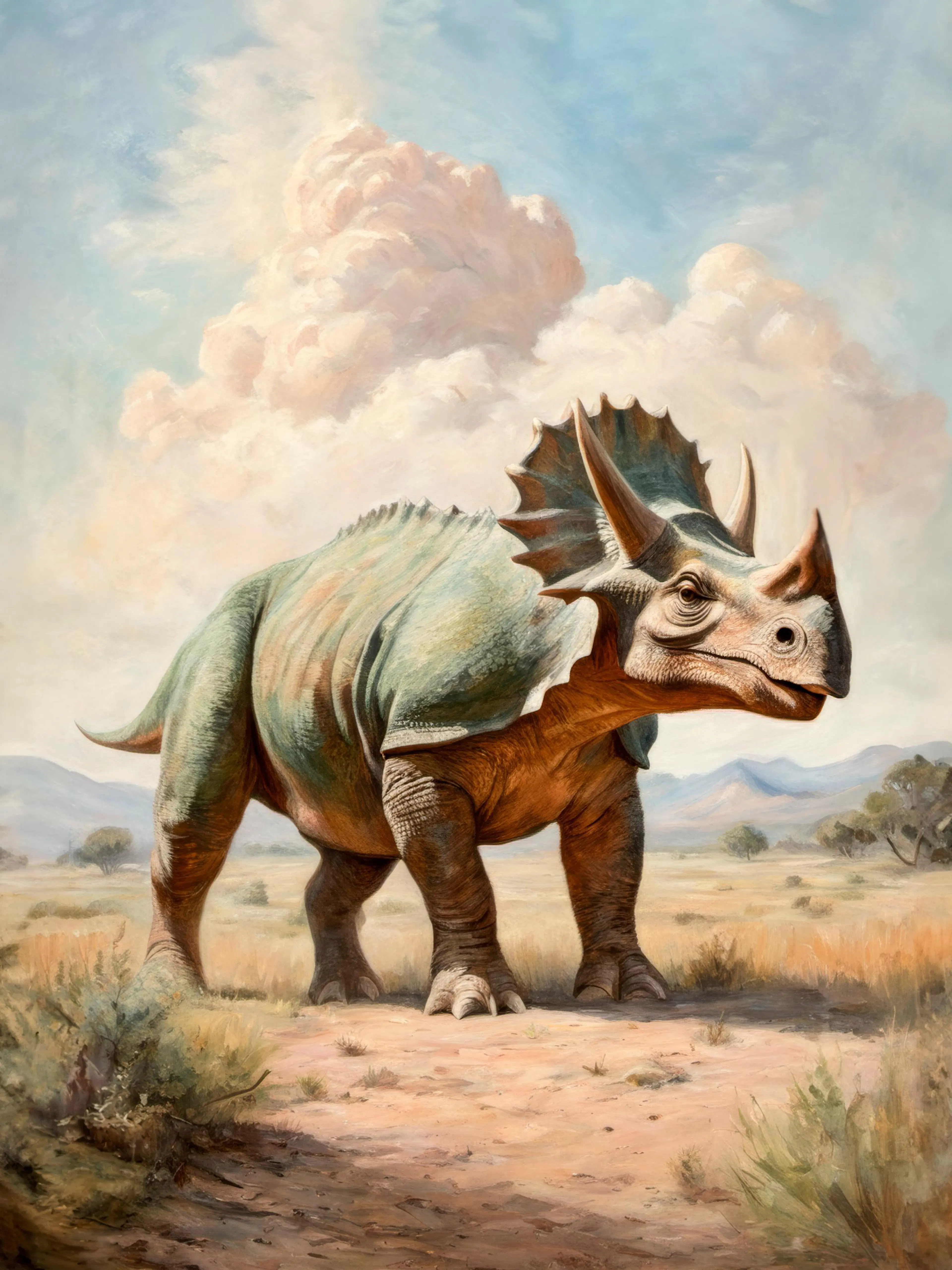 Triceratops dinosaurus v zeleno-hnedých farbách na trávnatom poli pod modrou oblohou s oblakmi, umelecká maľba.