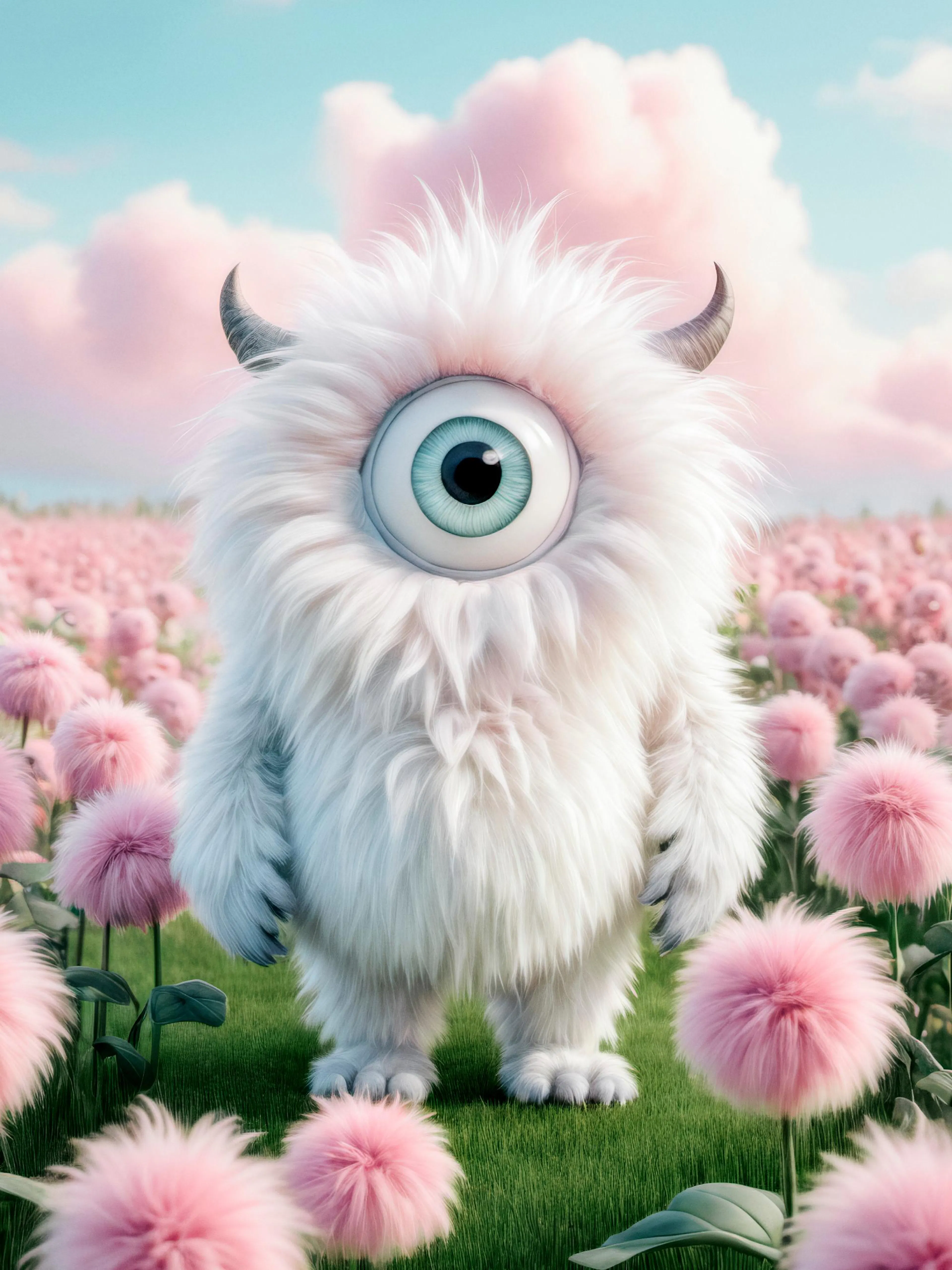 Fluffy white creature with horns and one eye in a field of pink flowers under a blue sky, poster print