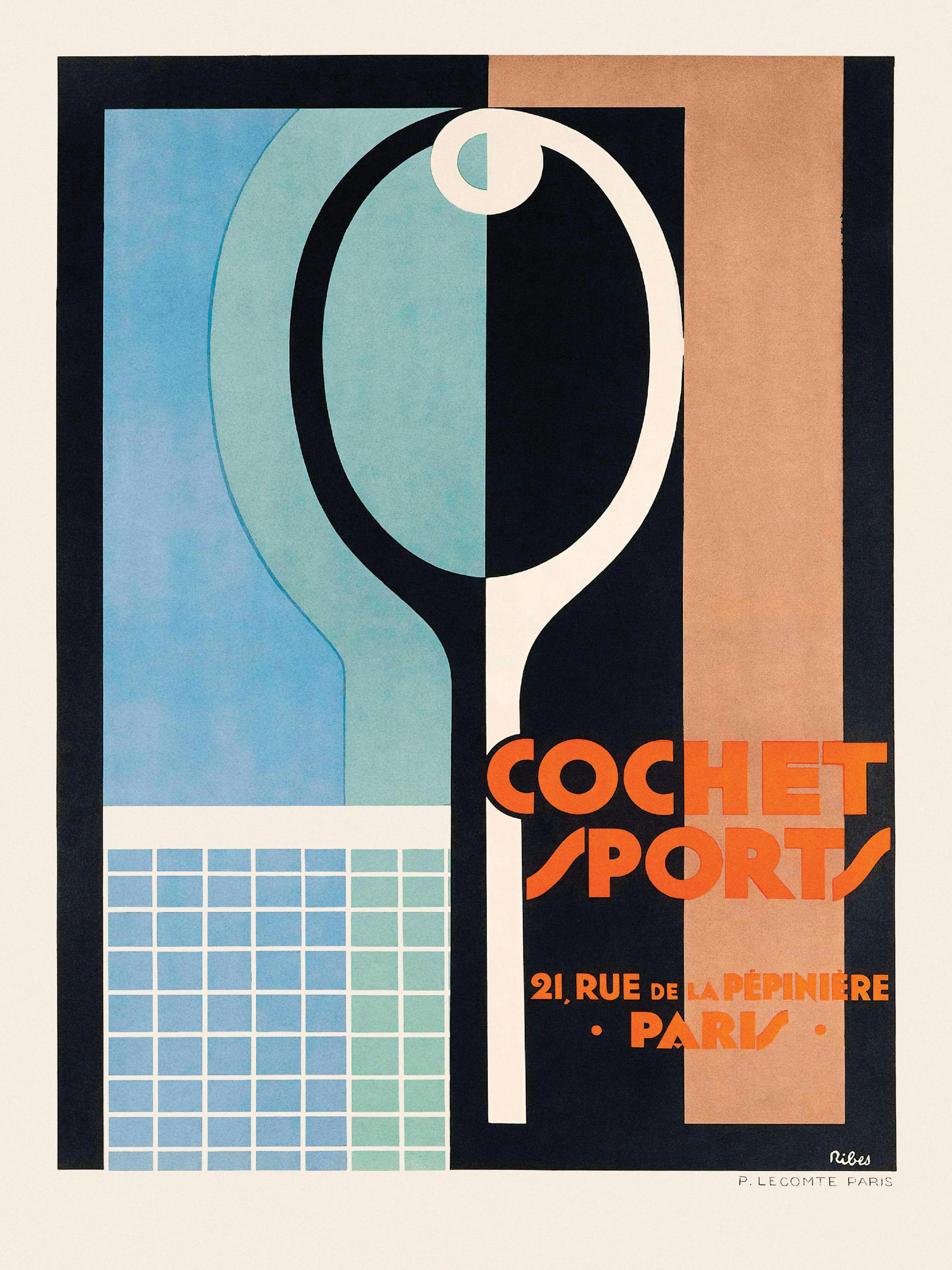 Vintage tennis poster: black, white, and orange racquet and ball illustration, with COCHET SPORTS text.