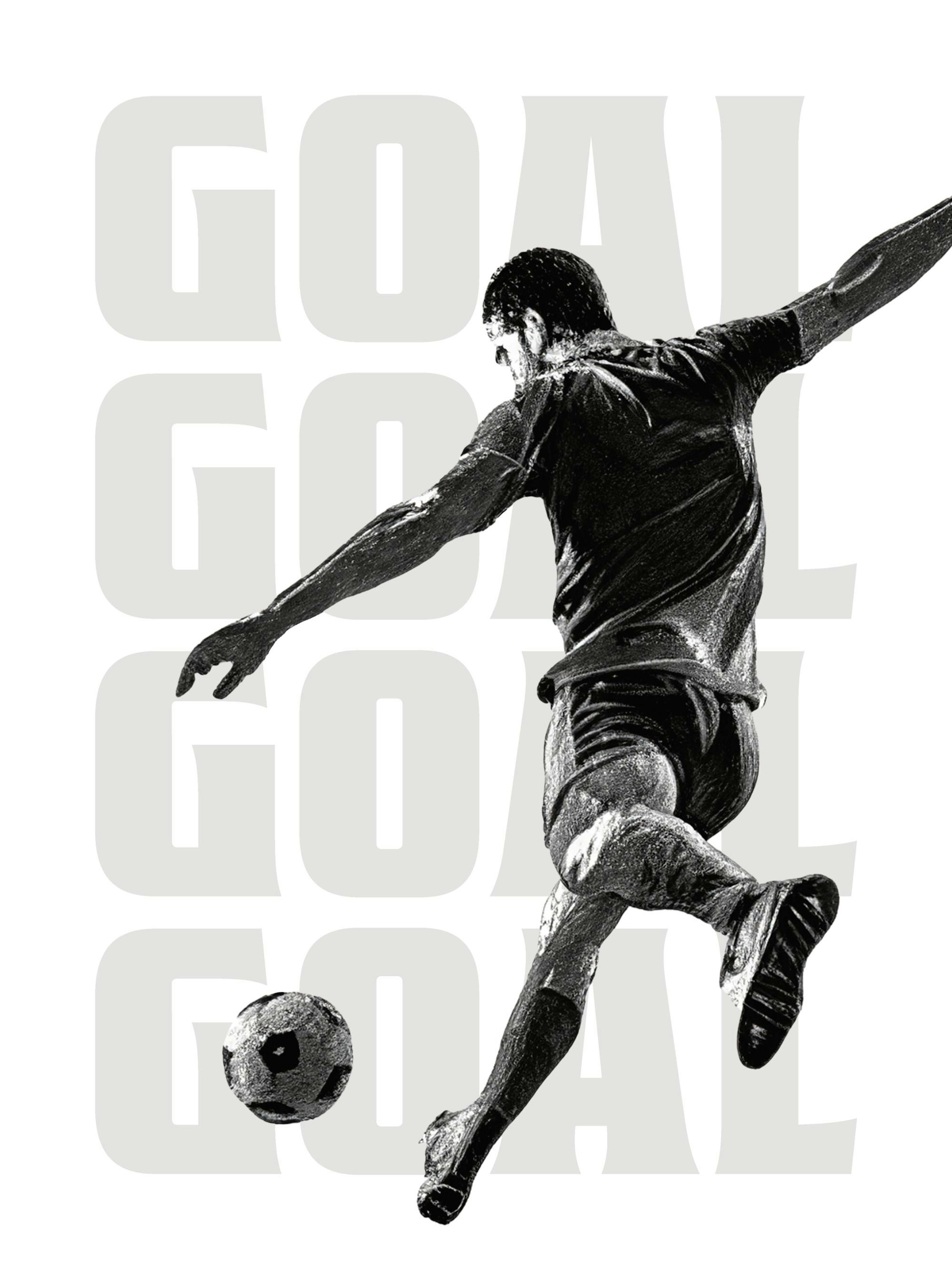 Sort/hvid fodboldplakat af mand, der sparker bold. Teksten GOAL i baggrunden.