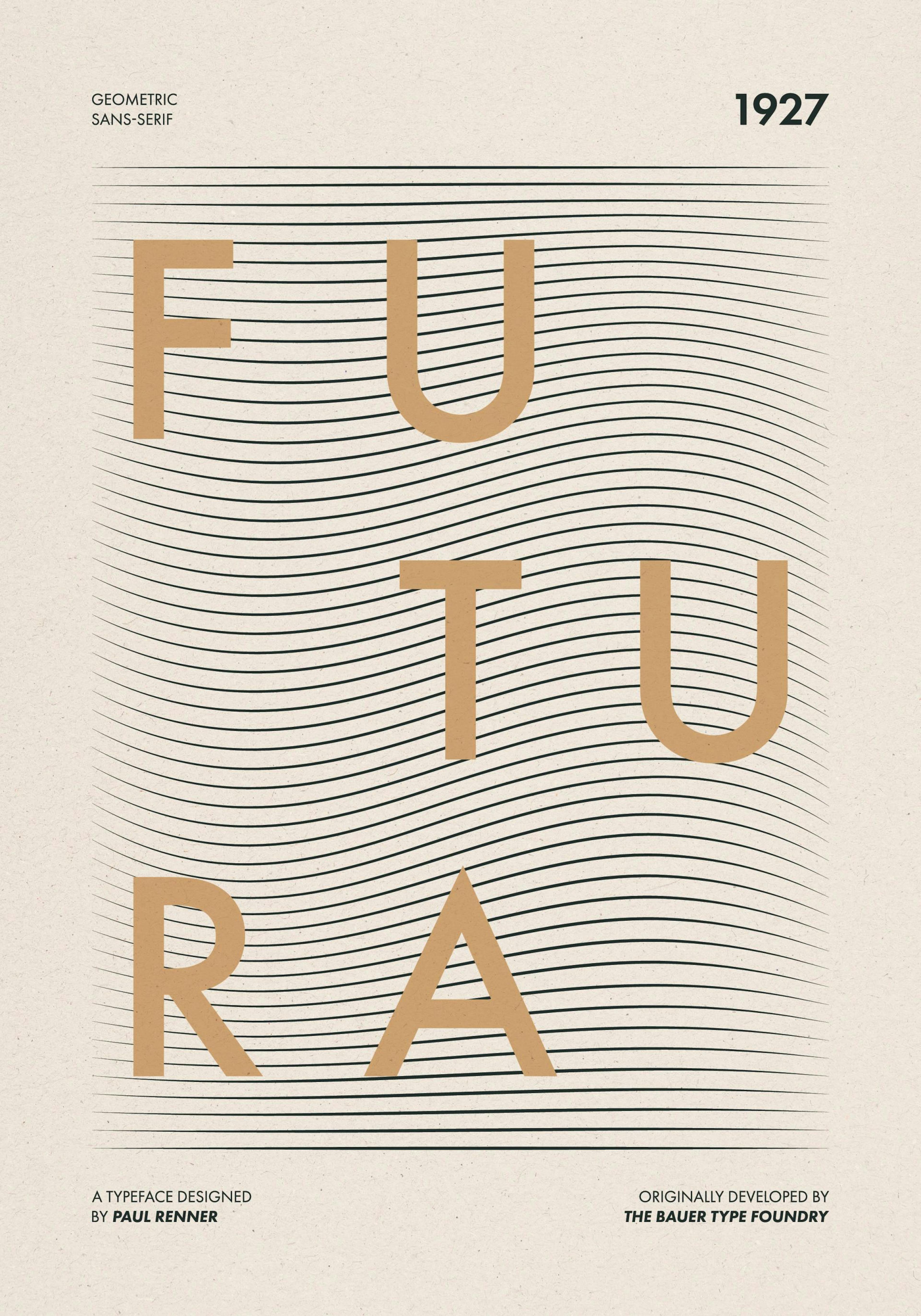 Affiche typographique Futura Lines avec le mot FUTURA en texte ocre ondulé sur fond beige, lignes noires granuleuses.