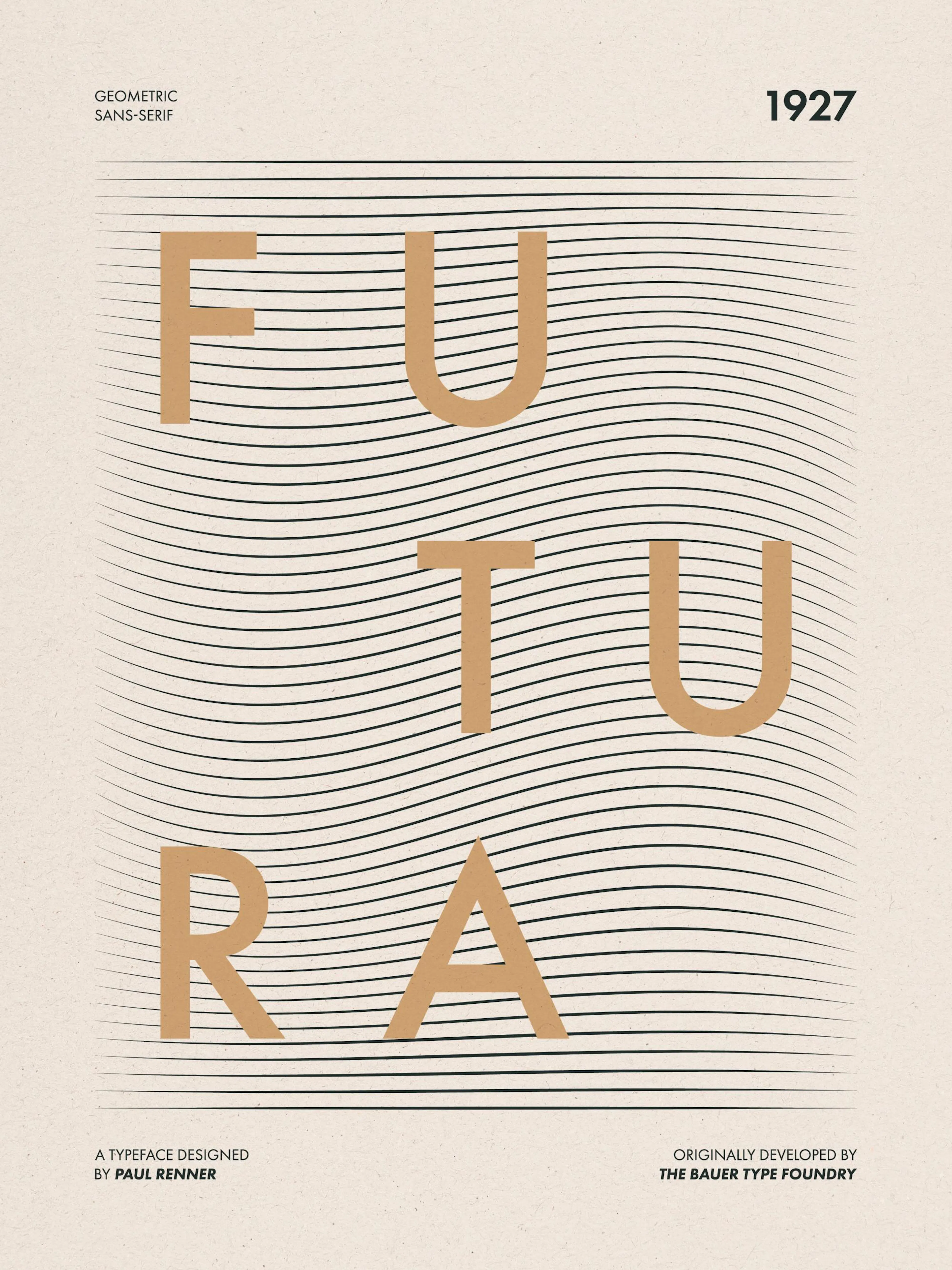 Affiche typographique Futura Lines avec le mot FUTURA en texte ocre ondulé sur fond beige, lignes noires granuleuses.