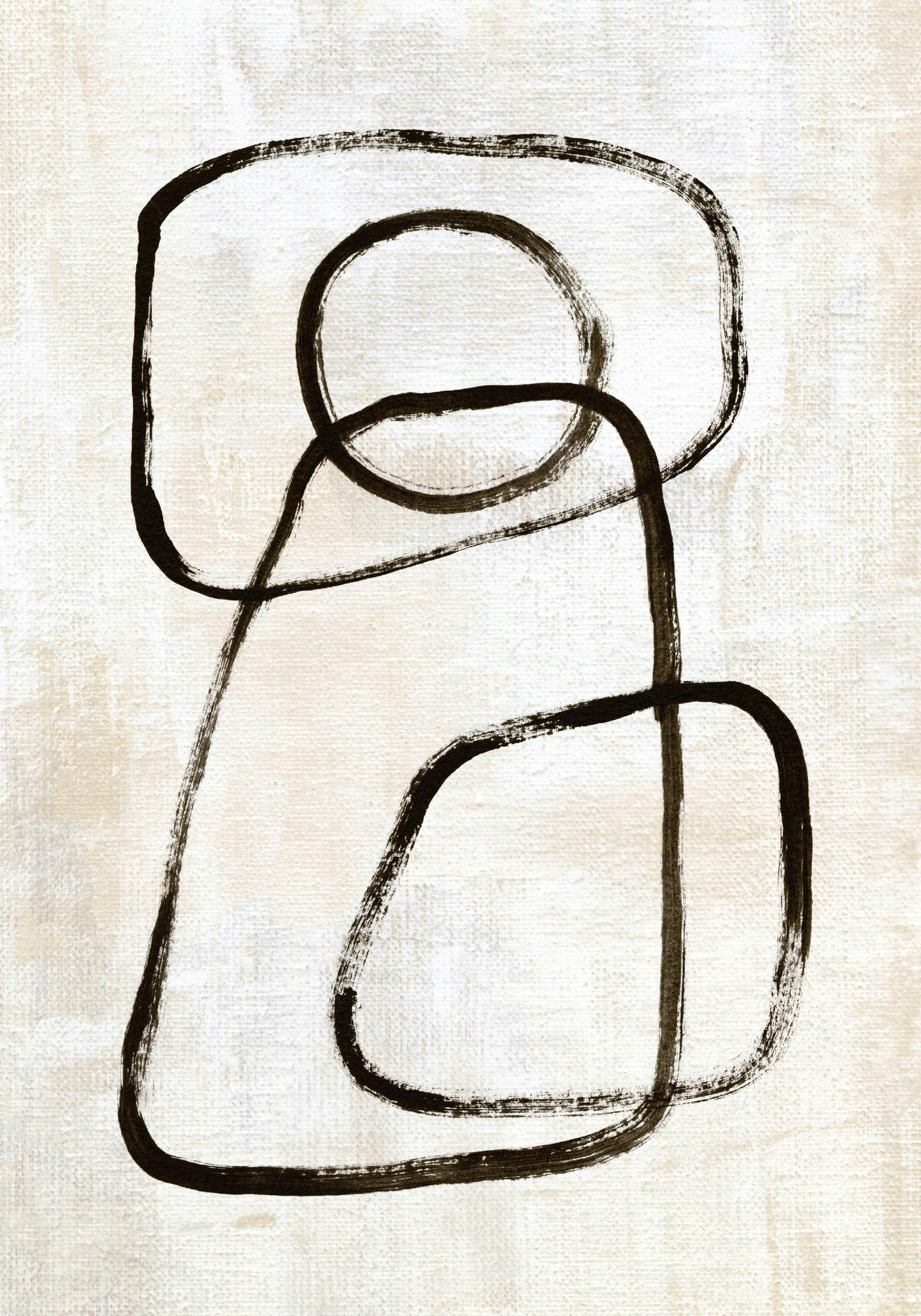 Abstrakt linjekonstposter i monokroma toner med handmålade, ojämna former och linjer i svart på en ljus beige bakgrund.