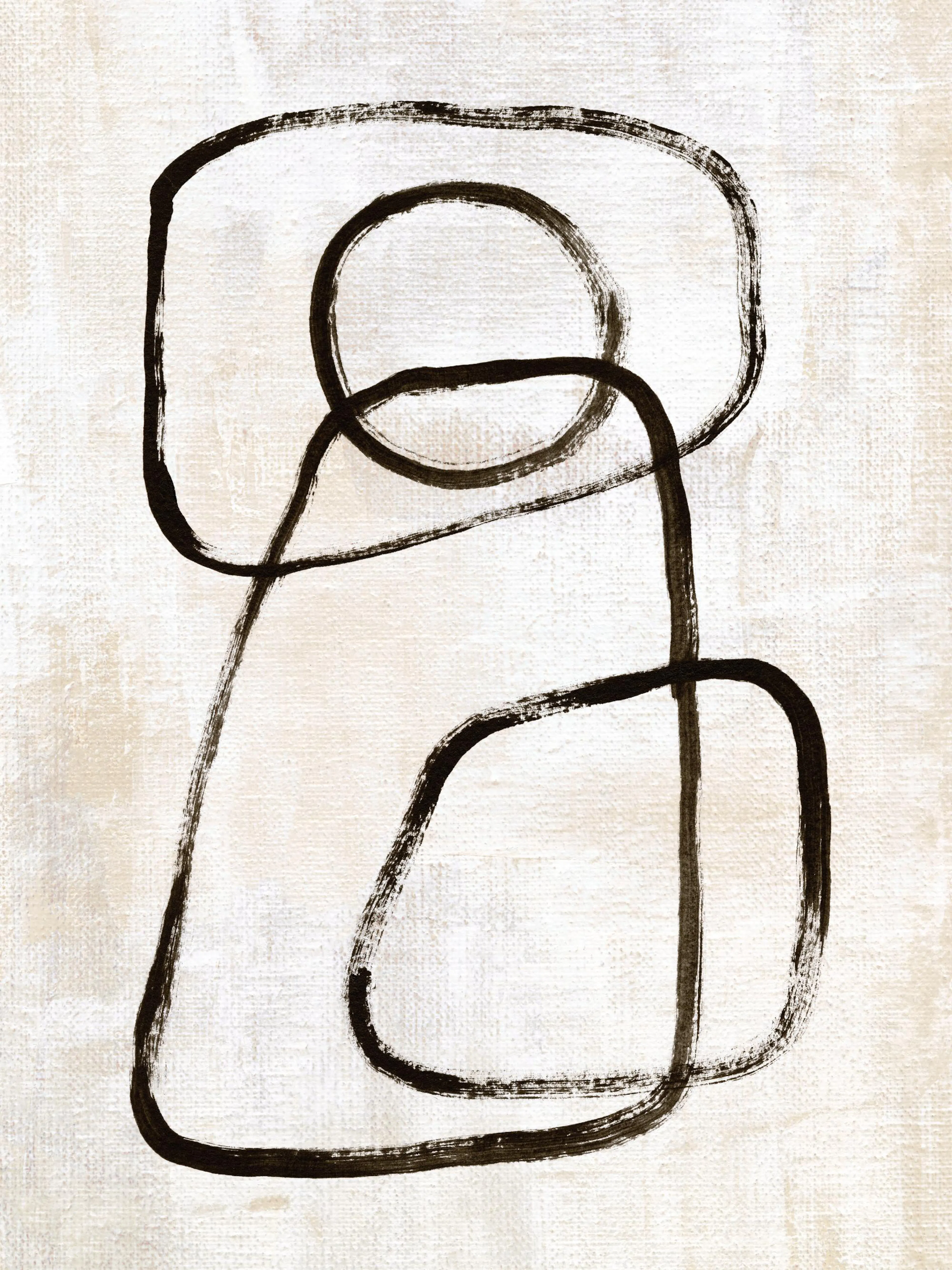 Póster monocromático abstracto con líneas orgánicas negras entrelazadas sobre fondo blanco texturizado.