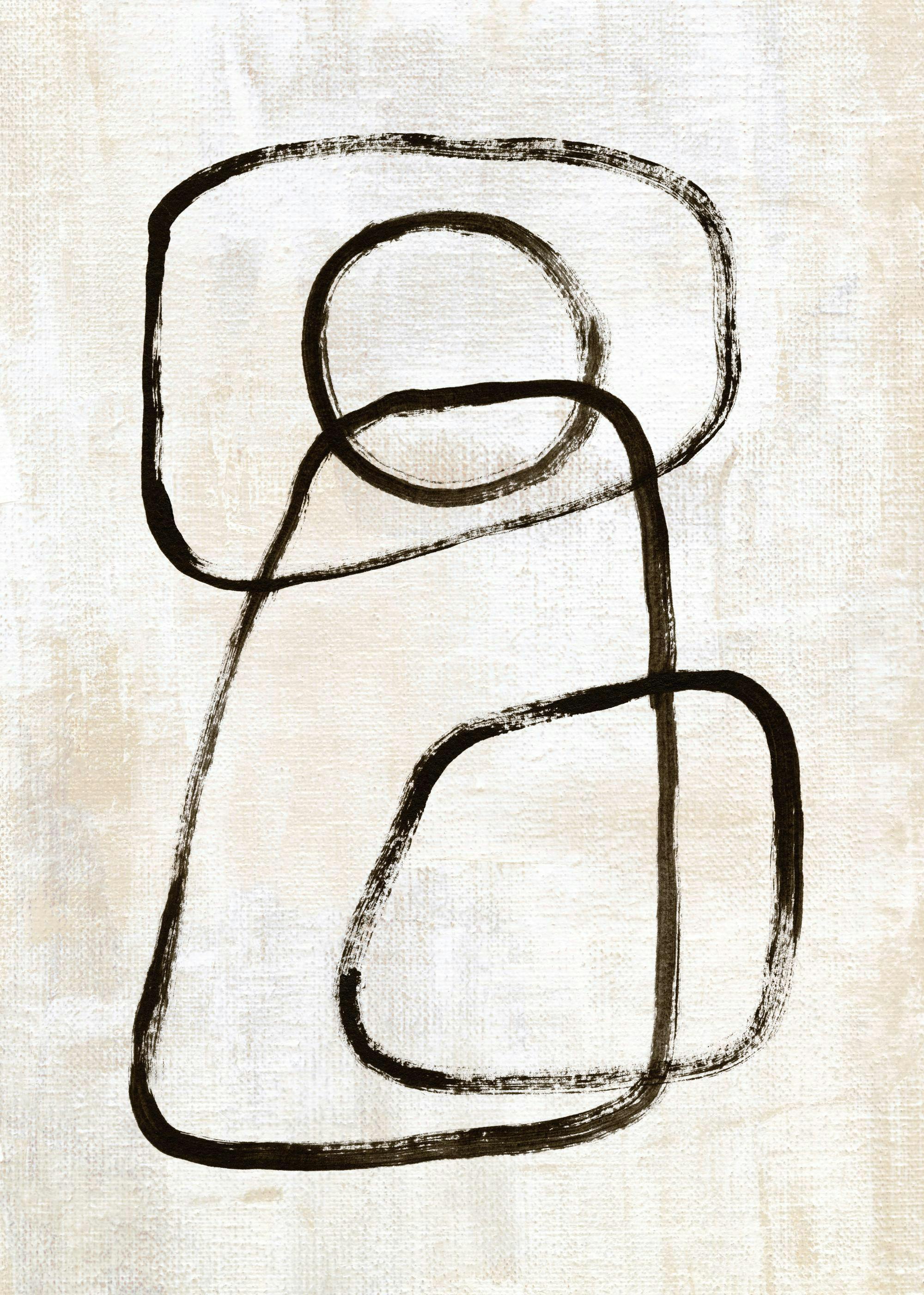 Abstracte poster met zwarte handgeschilderde organische vormen op een beige achtergrond, minimalistische kunst.