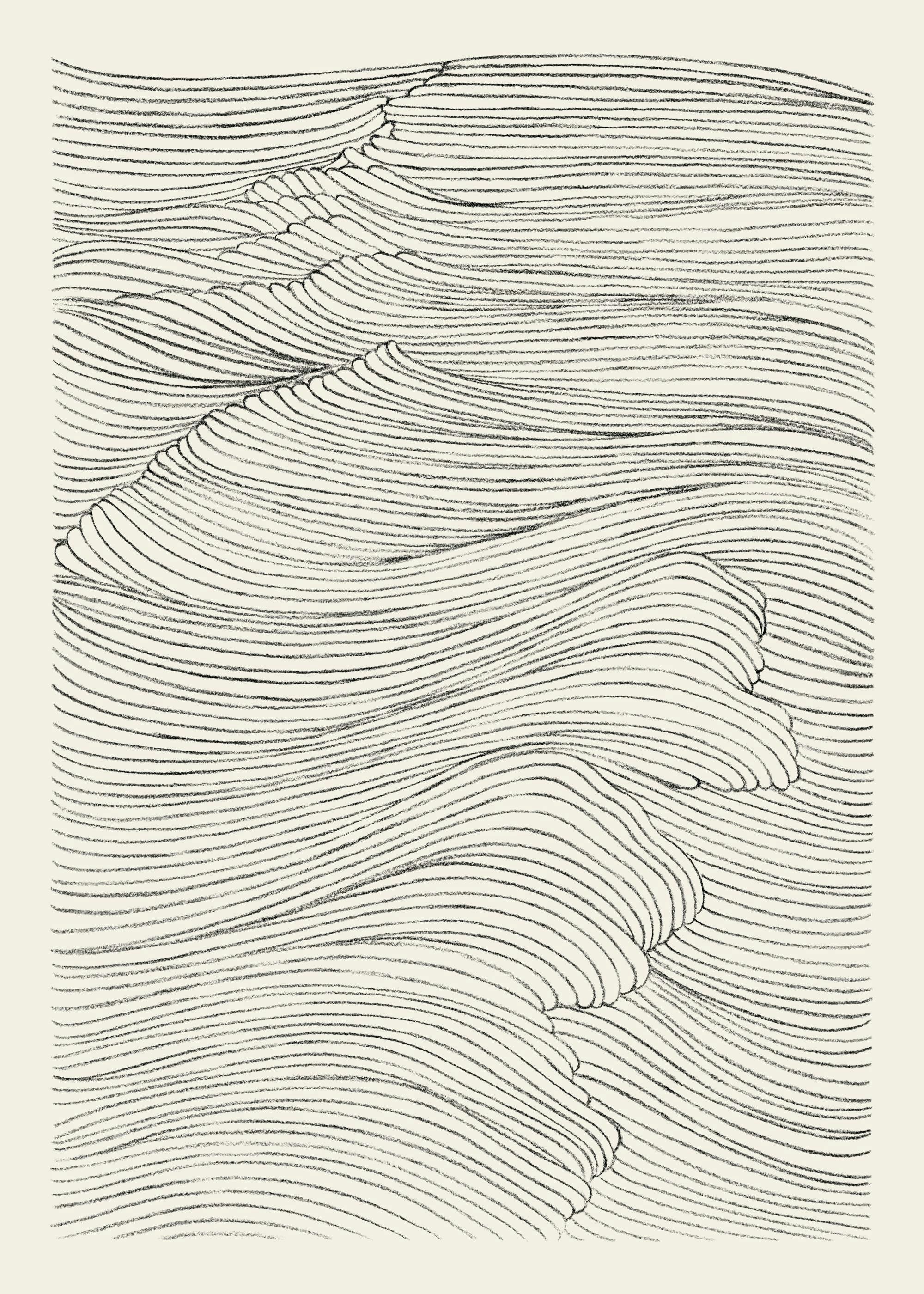 Lijnkunstposter van golven, minimalistisch ontwerp, zwart-wit, oceaan, handgeschilderd, kunstprint