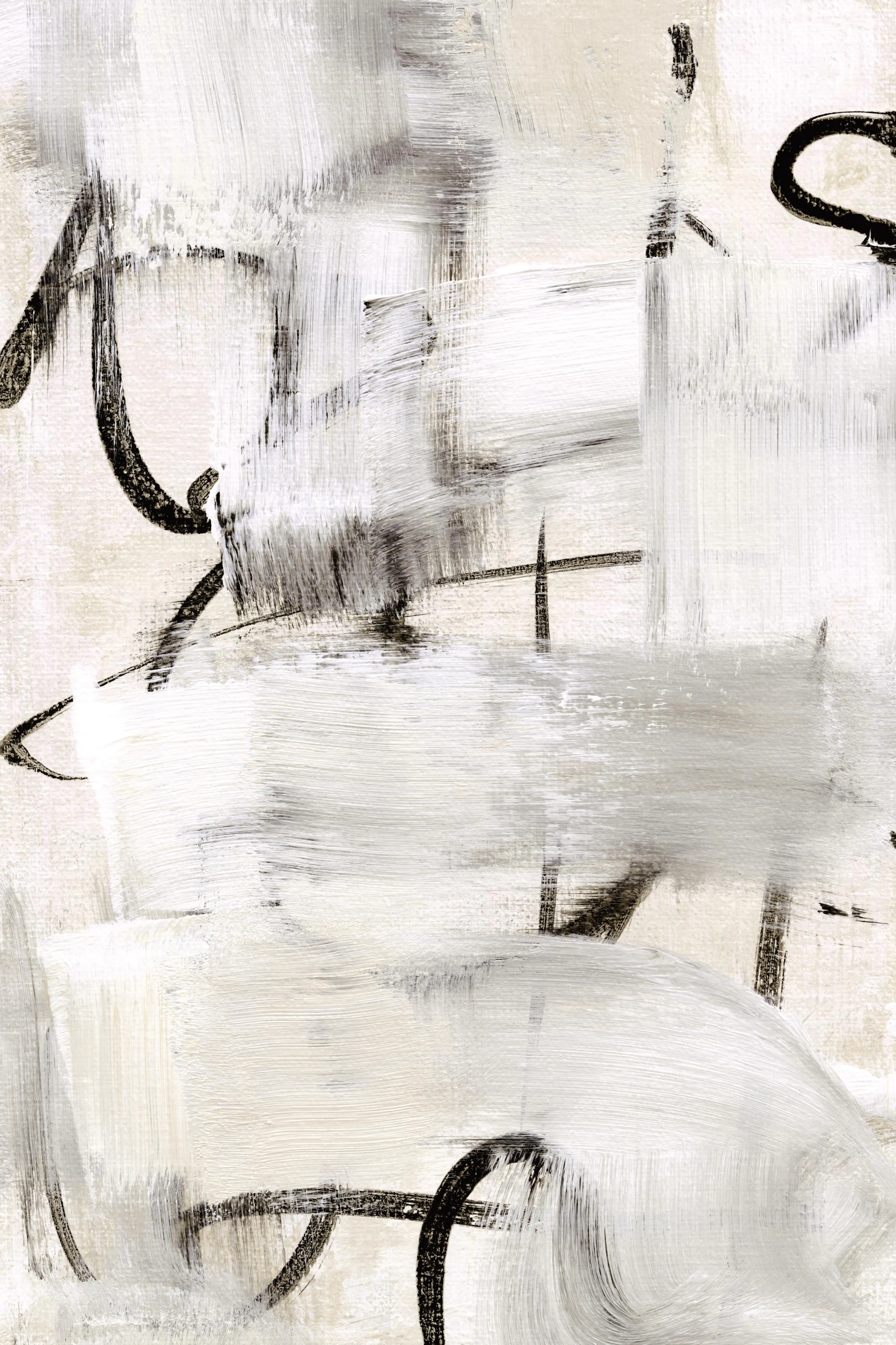 Abstract art print with hand-painted black brushstrokes and white and gray textured paint on a light background.