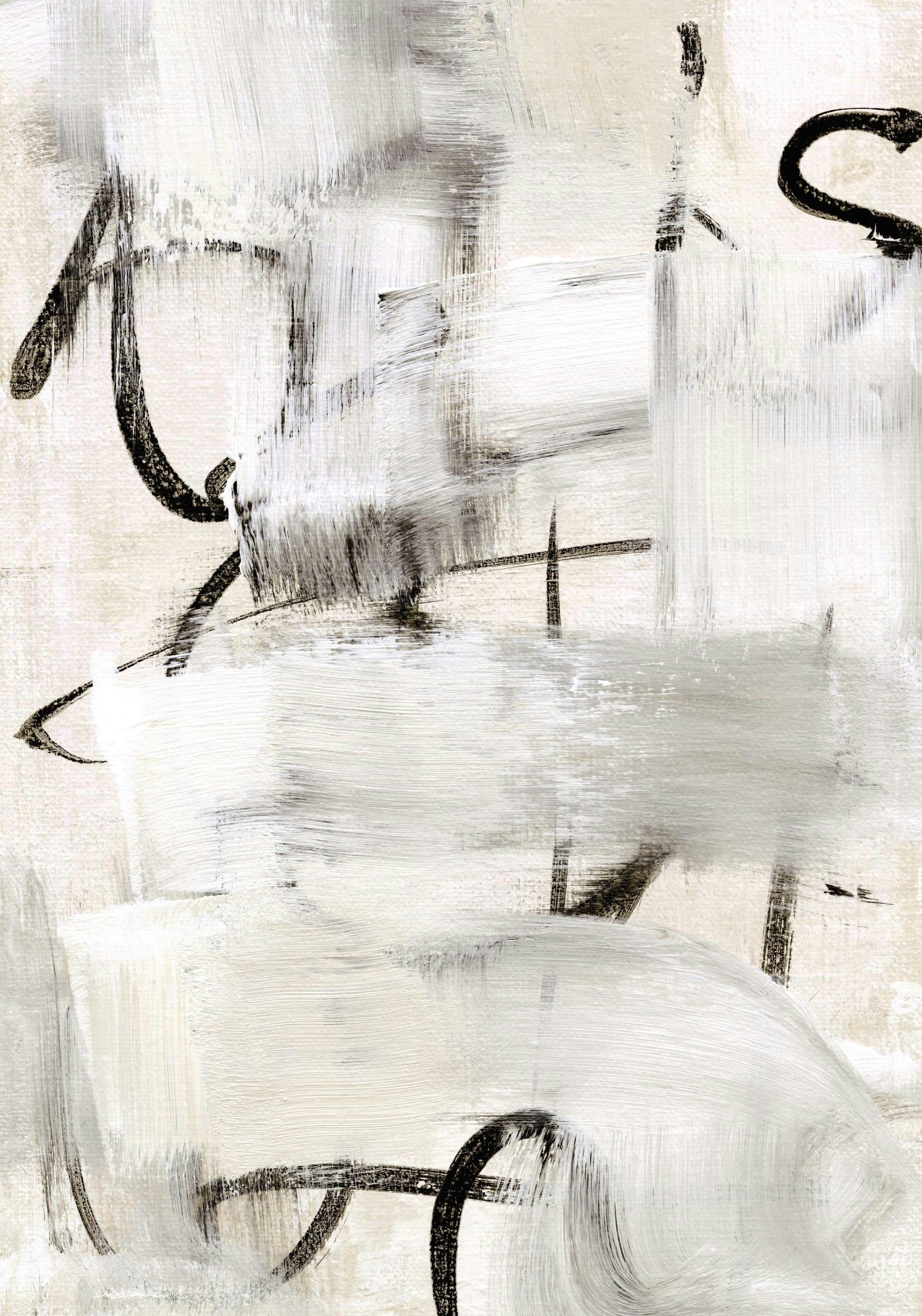 Abstrakt handmålad poster med svarta penseldrag och vita färgstänk på en ljus beige bakgrund, nordisk design.