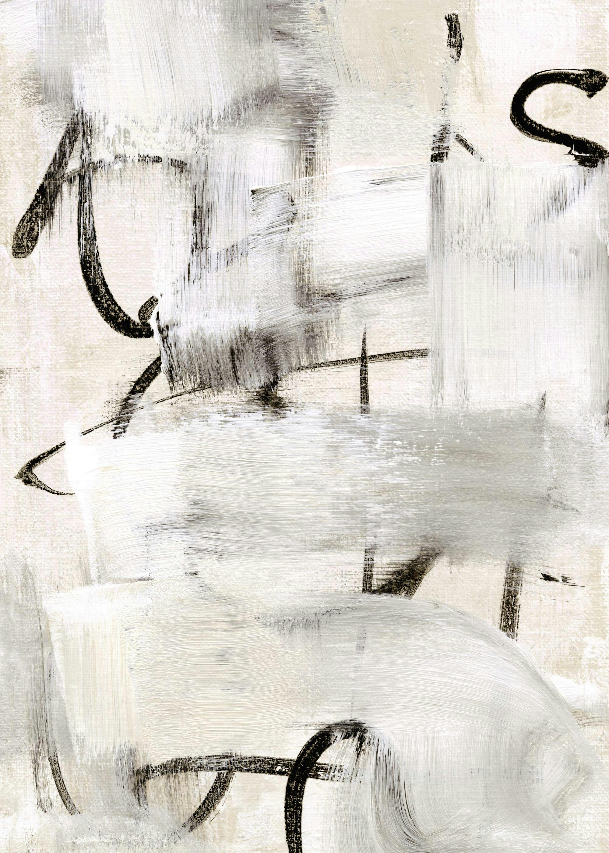 Geschilderde abstracte poster met zwarte, witte en grijze penseelstreken en gebogen lijnen op een crèmekleurige achtergrond.