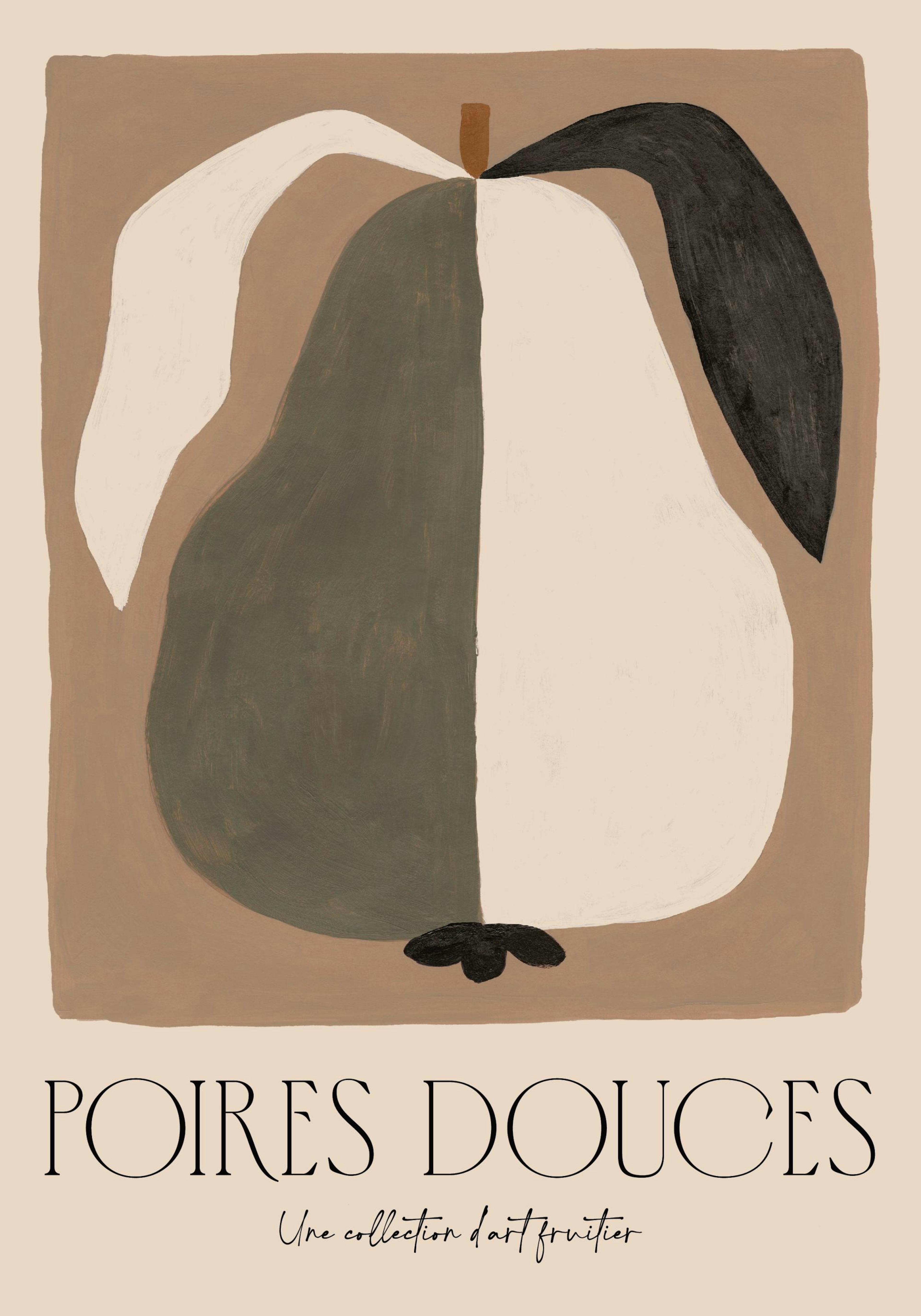 Plakat Sweet Pear, stylizowana gruszka w odcieniach beżu, szarości i czerni na tle w kolorze taupe, minimalistyczny wystrój