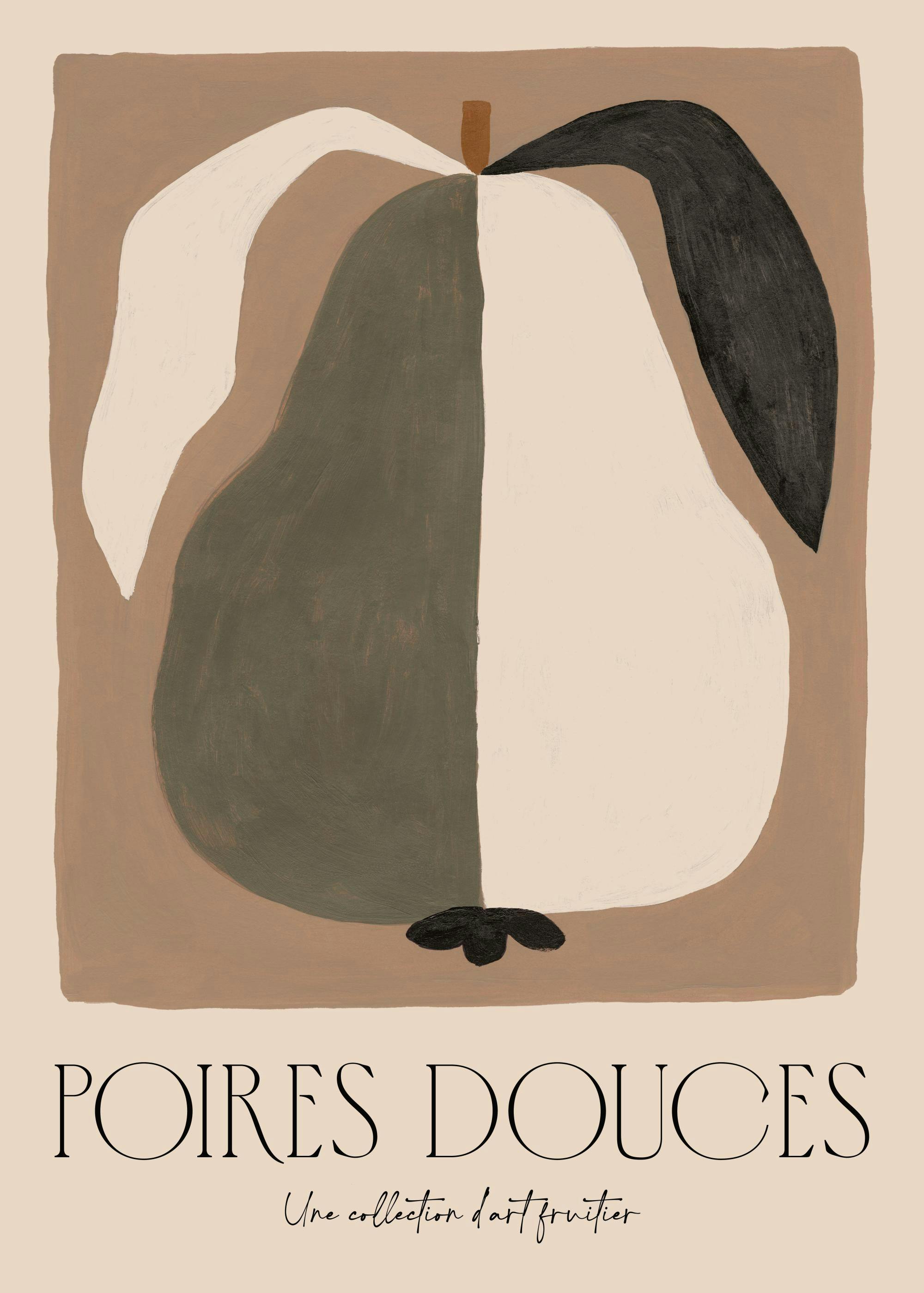 Abstracte perenposter: zachtgroene en witte peer op een bruine achtergrond. Minimalistische illustratie, subtiele kleuren.