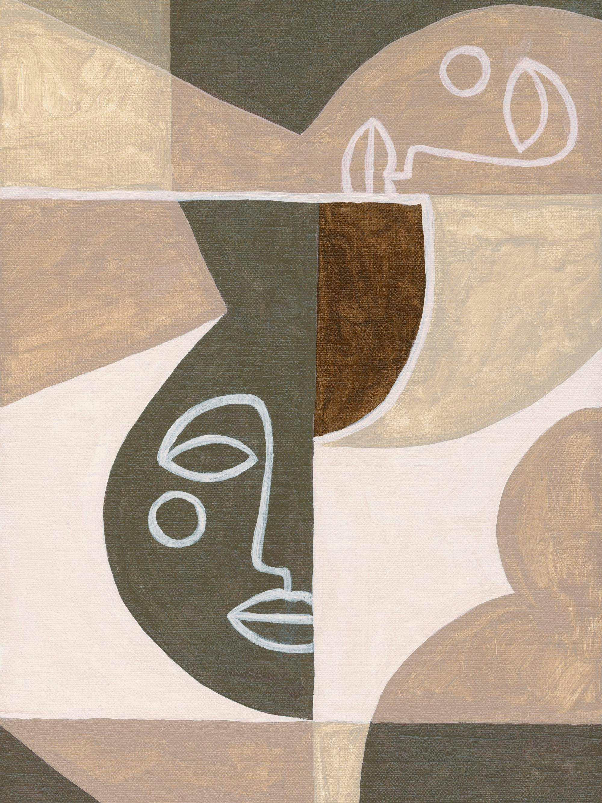 Kubisminspirerad poster med ansikten i jordnära färger som olivgrönt, beige och brunt. Abstrakta former skapar en minimalistisk