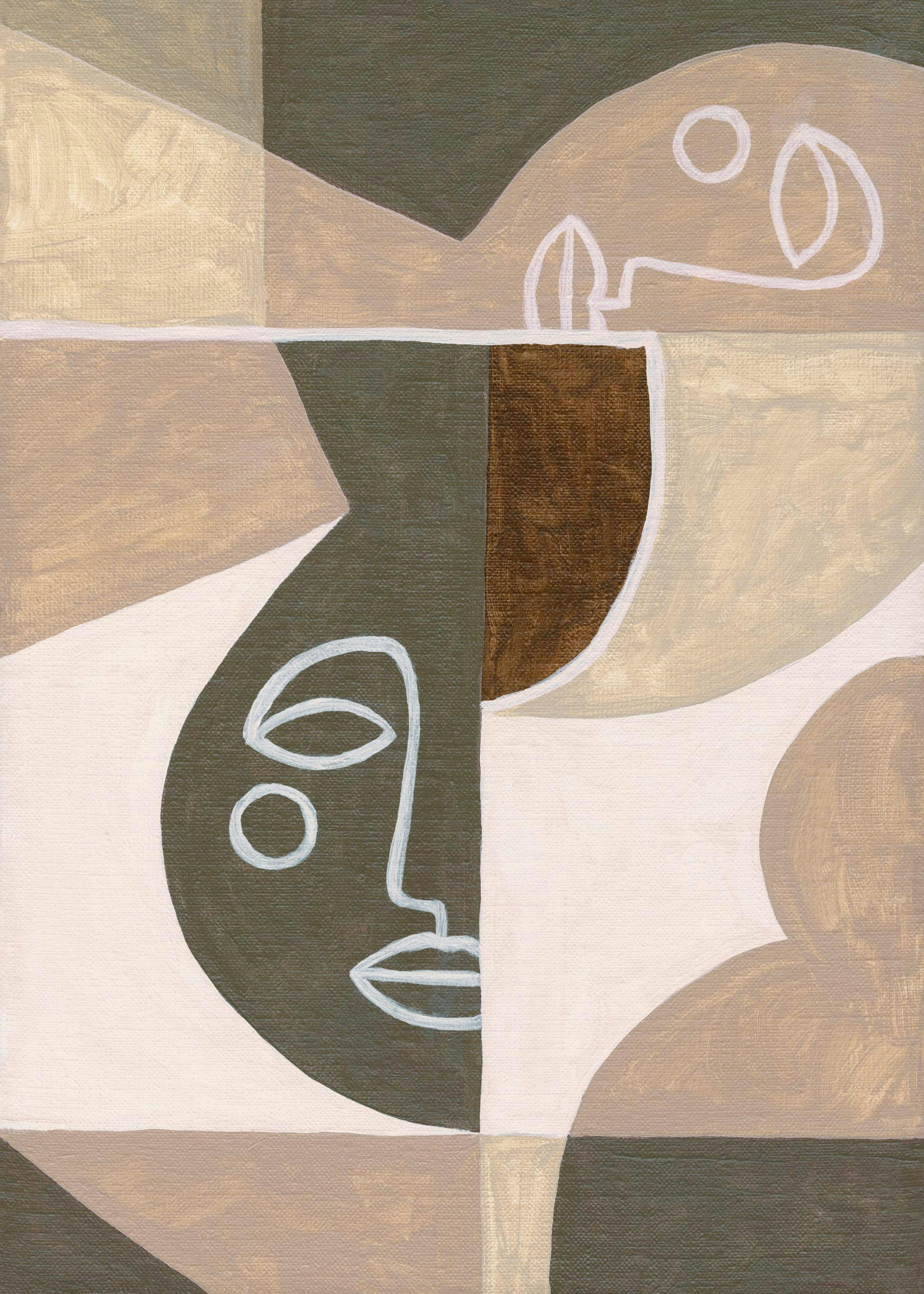 Kubisme-geïnspireerde poster met gezichten in aardetinten, een minimalistische stijl met abstracte vormen.