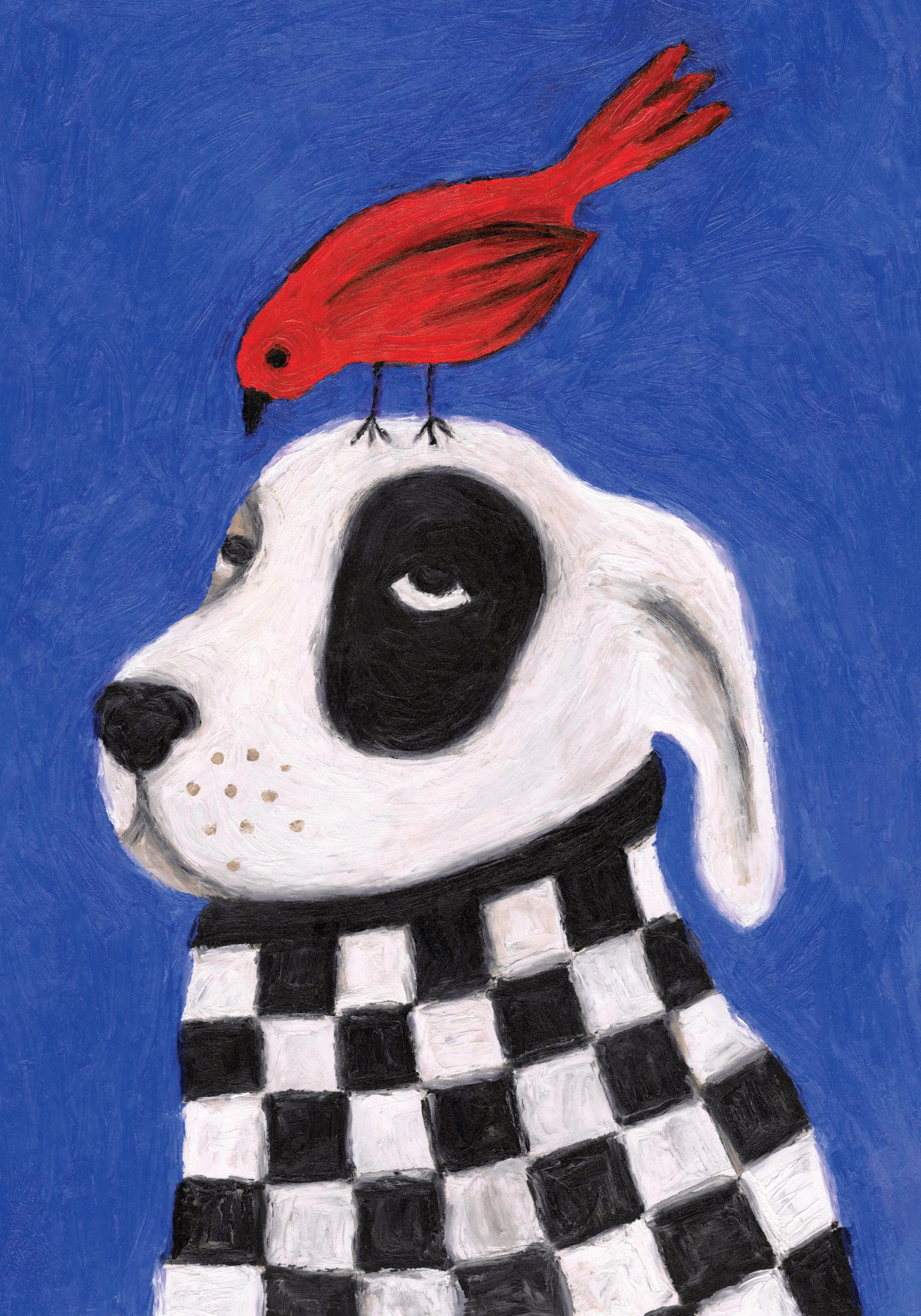 Hand-painted dog art print with a red bird on its head, black and white checkerboard pattern, blue background.