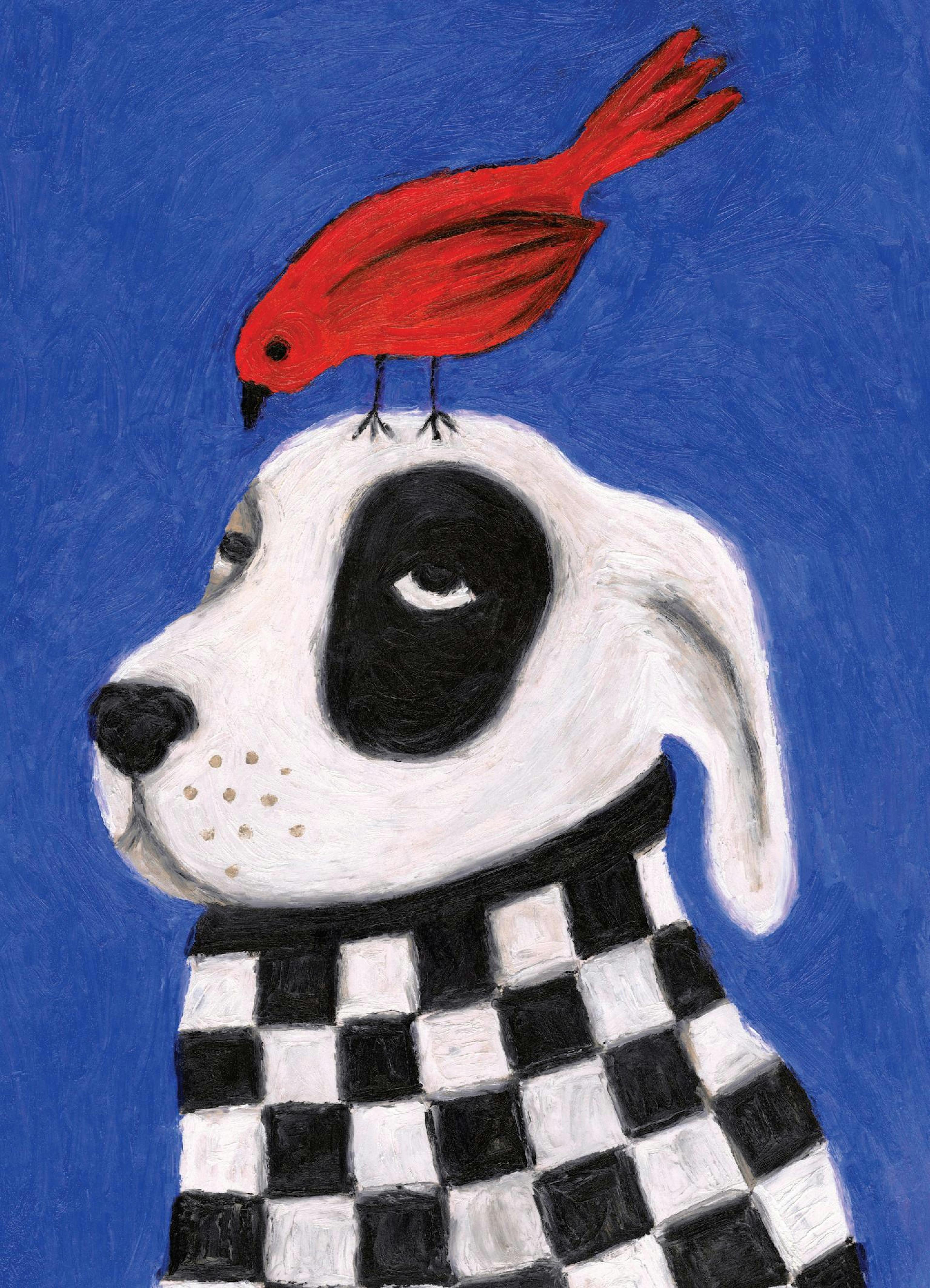 Póster de perro y pájaro con un estilo divertido y expresivo, perro blanco y negro con un pájaro rojo en la cabeza.