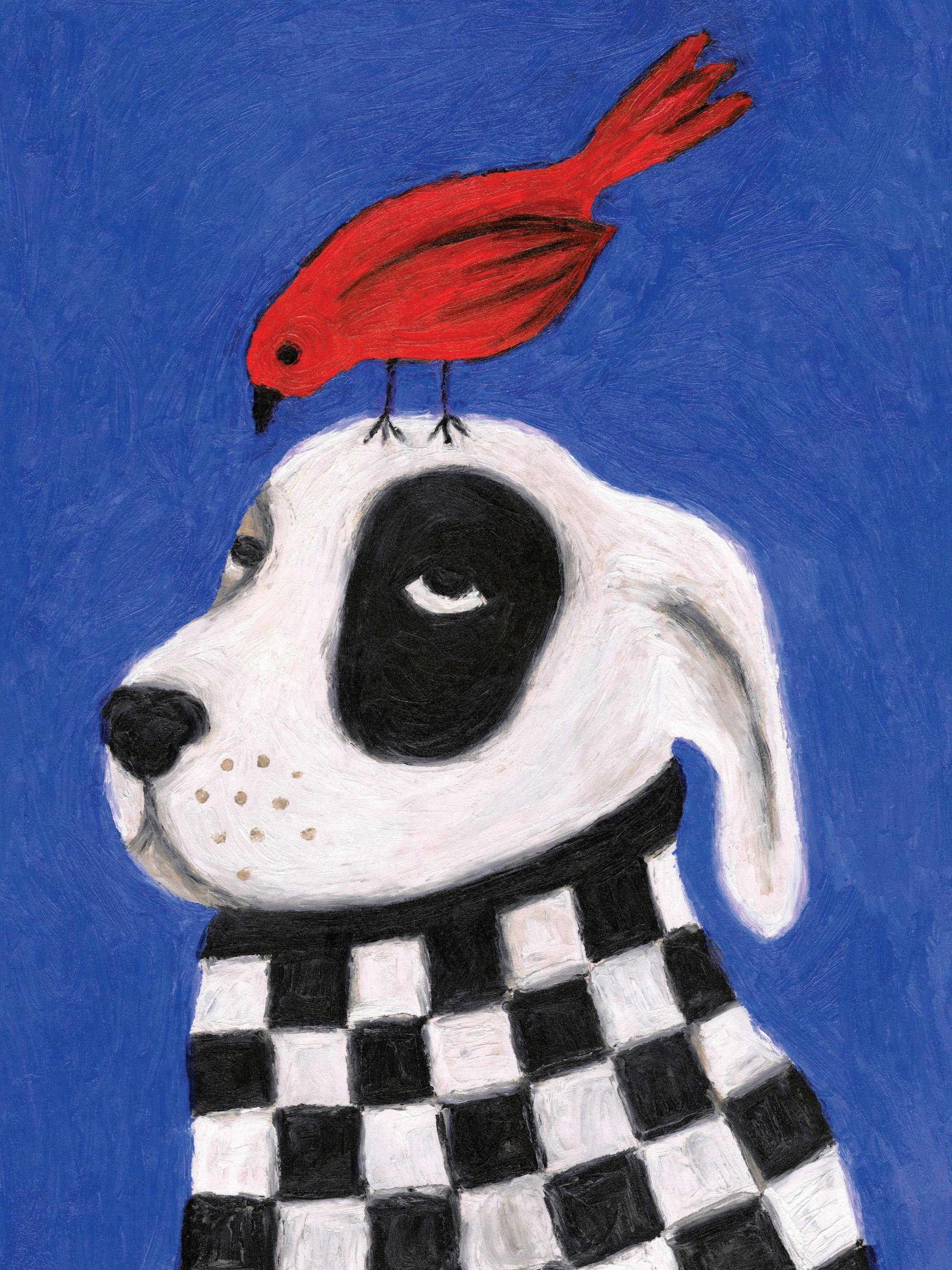 Ručně malovaný plakát psa s červeným ptákem na hlavě, pes má černobílé šachovnicové tělo.