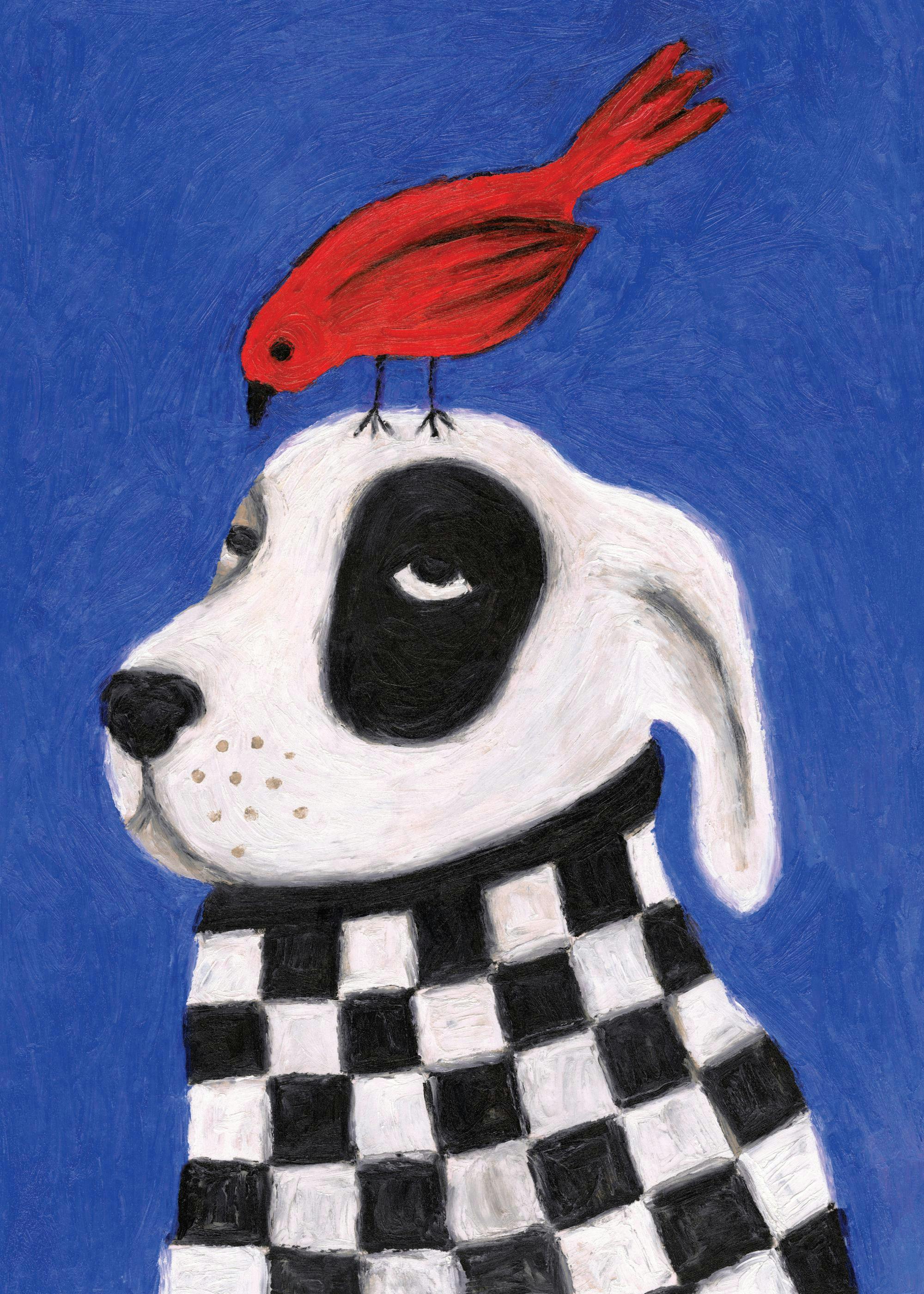 Whimsical dog wearing a checkered shirt with a red bird on its head, on a blue background. Fun animal print poster.